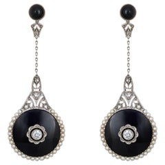 Belle Epoque Earrings Antique Diamond Onyx Pearl Drops 18k Gold Platinum French