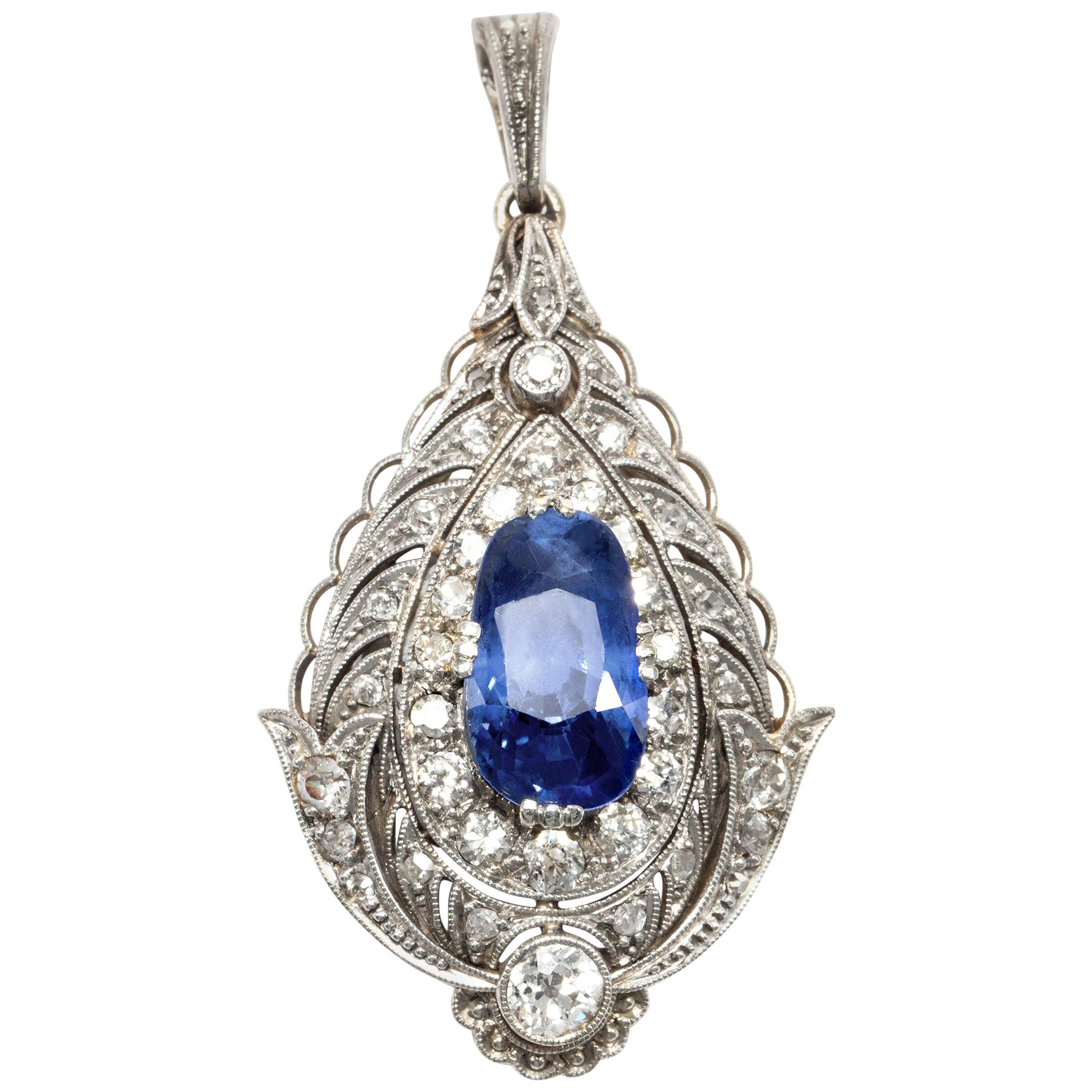 Belle Époque/Edwardian circa 1910, 4.4 Ct No Heat Blue Sapphire Diamond Pendant