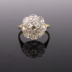 Belle Epoque Edwardian Diamonds Yellow Gold Platinum Daisy Cluster Wedding Ring