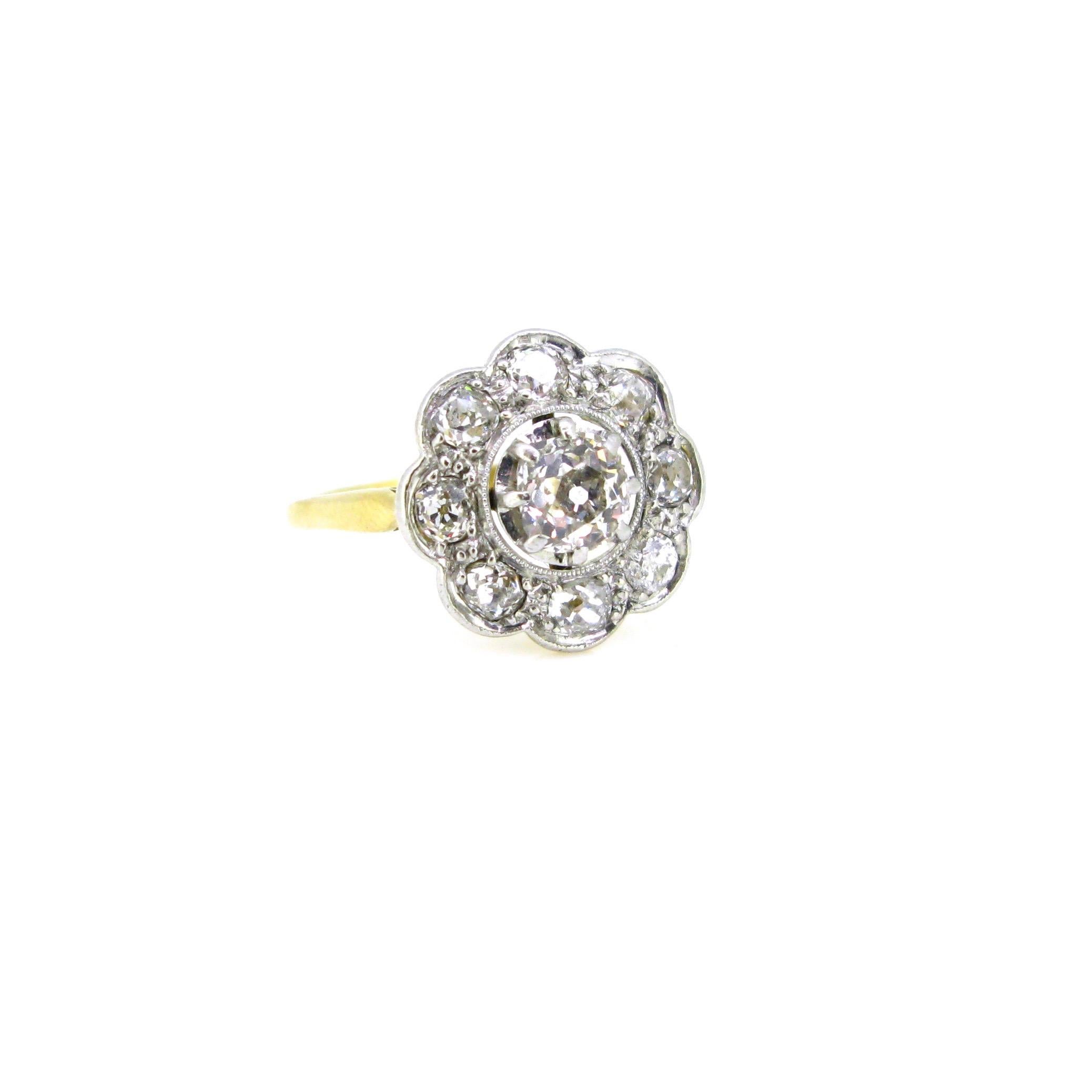 Old European Cut Belle Epoque Edwardian Diamonds Yellow Gold Platinum Daisy Cluster Wedding Ring