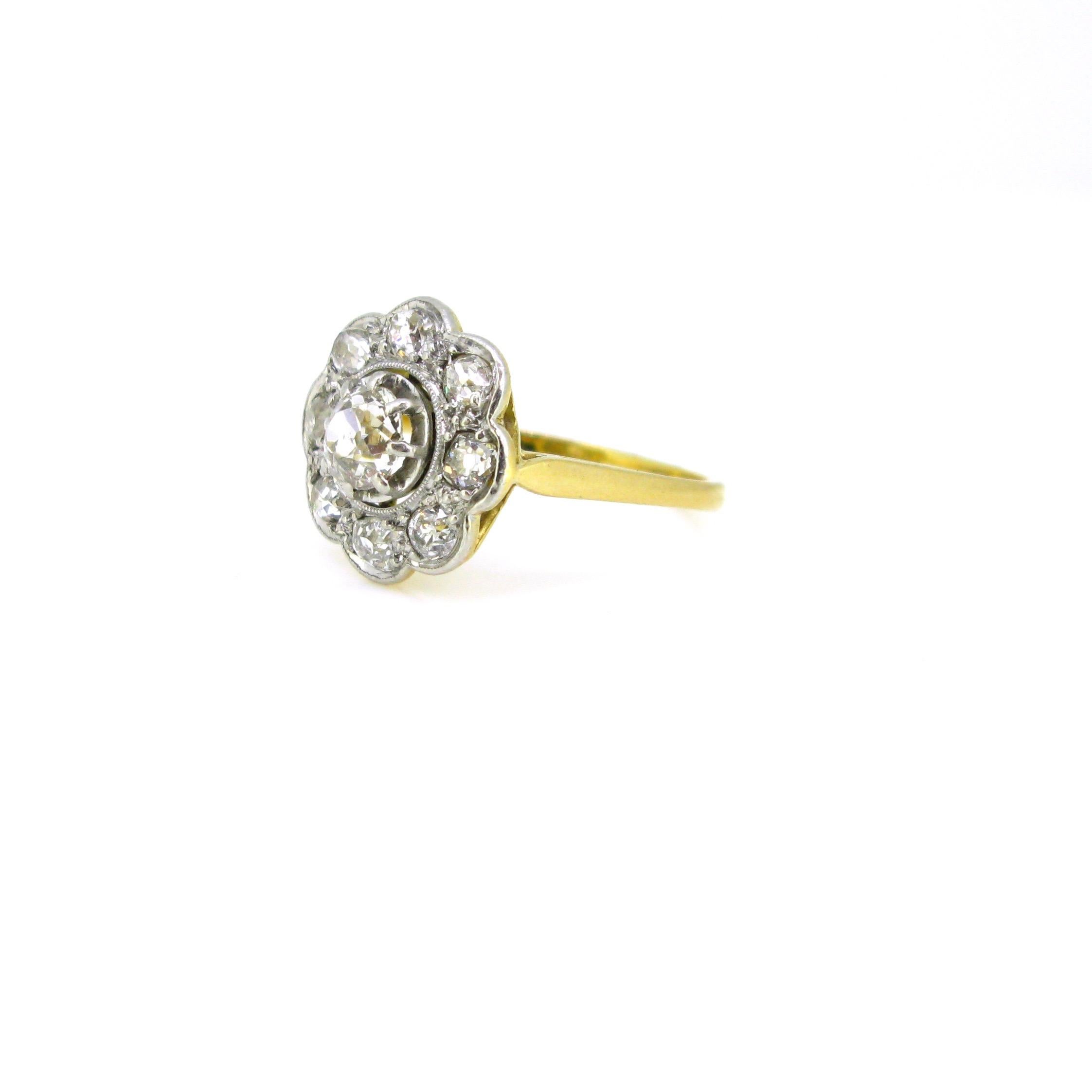 Belle Epoque Edwardian Diamonds Yellow Gold Platinum Daisy Cluster Wedding Ring 1