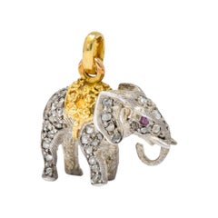 Antique Belle Epoque French Diamond Ruby Silver 18 Karat Gold Elephant Charm Edwardian