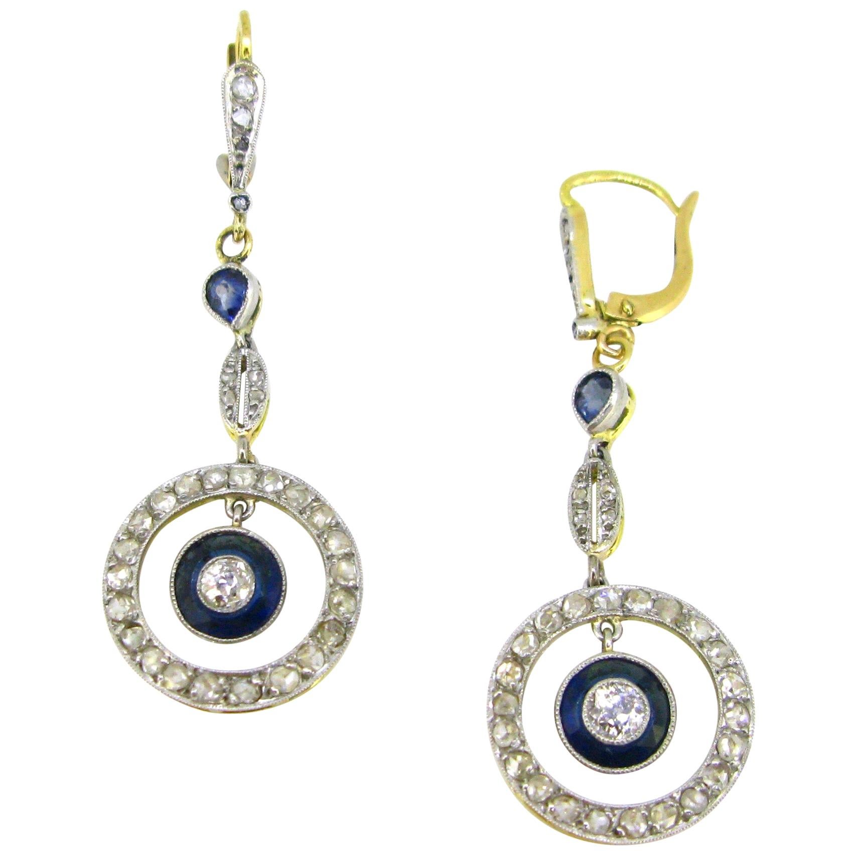 Belle Époque Edwardian Sapphires Diamonds Gold Platinum Drop Dangle Earrings