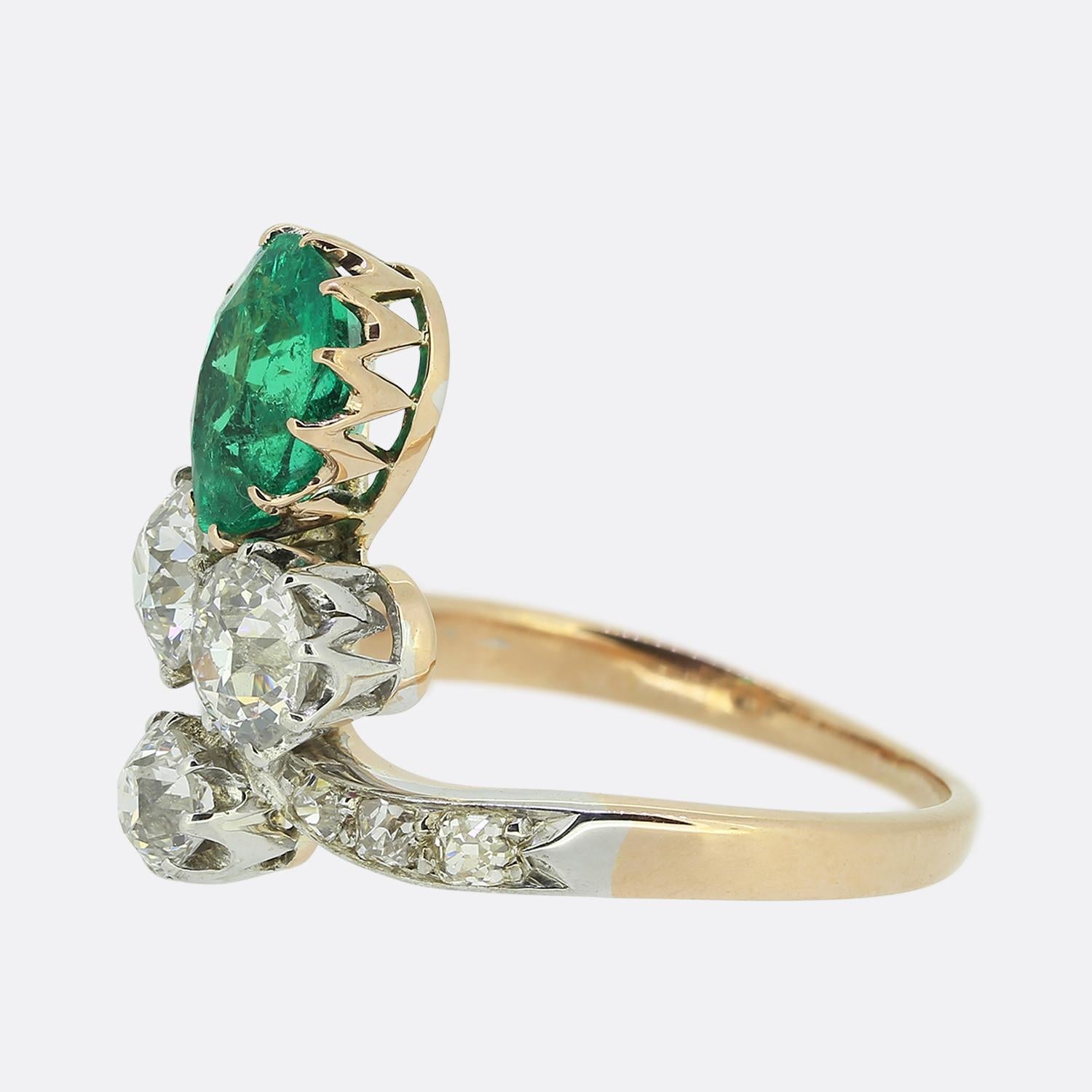 This is a wonderfully rare antique Belle Epoque emerald and diamond ring. The ring is formed of a Colombian emerald and a mix of bright white old and rose cut diamonds. It has been exceptionally made and although the band is 18ct yellow gold the