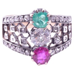 Belle Epoque Emerald, Ruby and Diamond Ring w Openwork Band