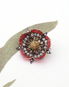 Belle Epoque enamel poppy brooch in 18k gold and silver, plique-à-jour enamel