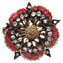 Belle Epoque enamel poppy brooch in 18k gold and silver, plique-à-jour enamel