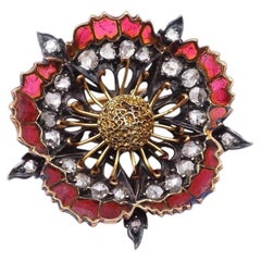 Belle Epoque enamel poppy brooch in 18k gold and silver, plique-à-jour enamel