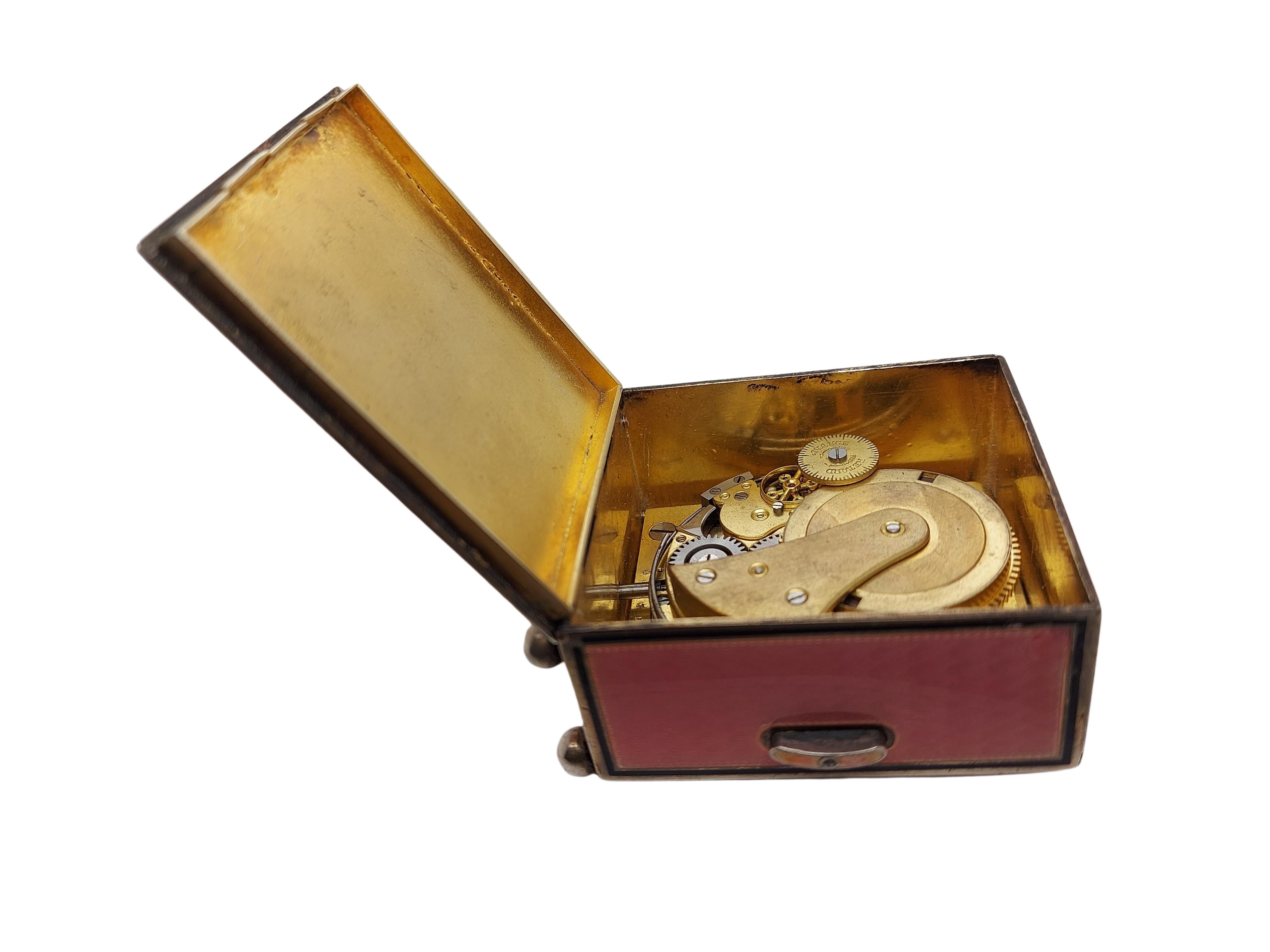Belle Epoque Enamelled Silver Carriage / Pendulette Quarter Repeater Clock For Sale 2