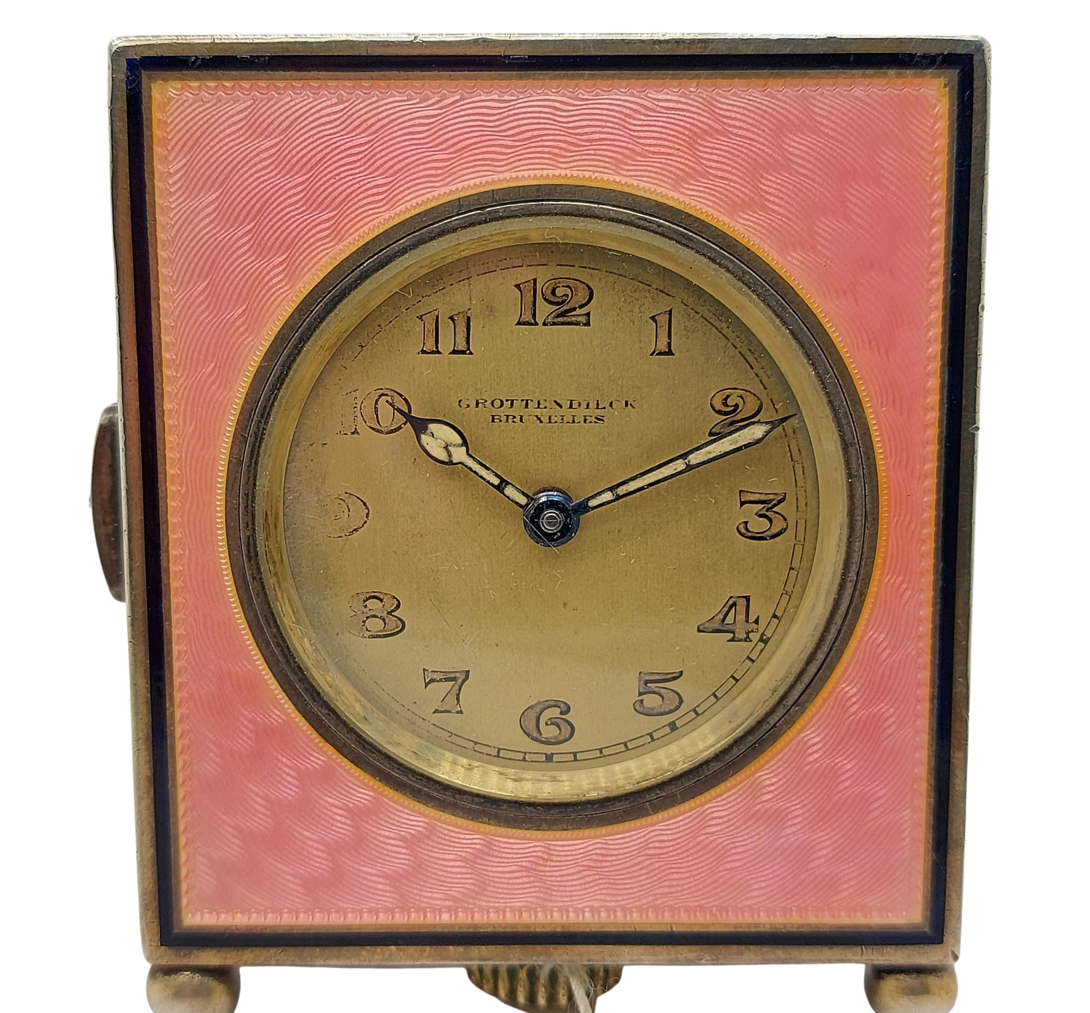 Belle Epoque Grottendieck Bruxelles Enamelled Silver Carriage / Pendulette Clock in Very Nice Working Condition With Quarter Repetition 

Movement: mechanical with manual winding

Functions: hours, minutes, quarter repeater

Case: Solid Silver 0.935