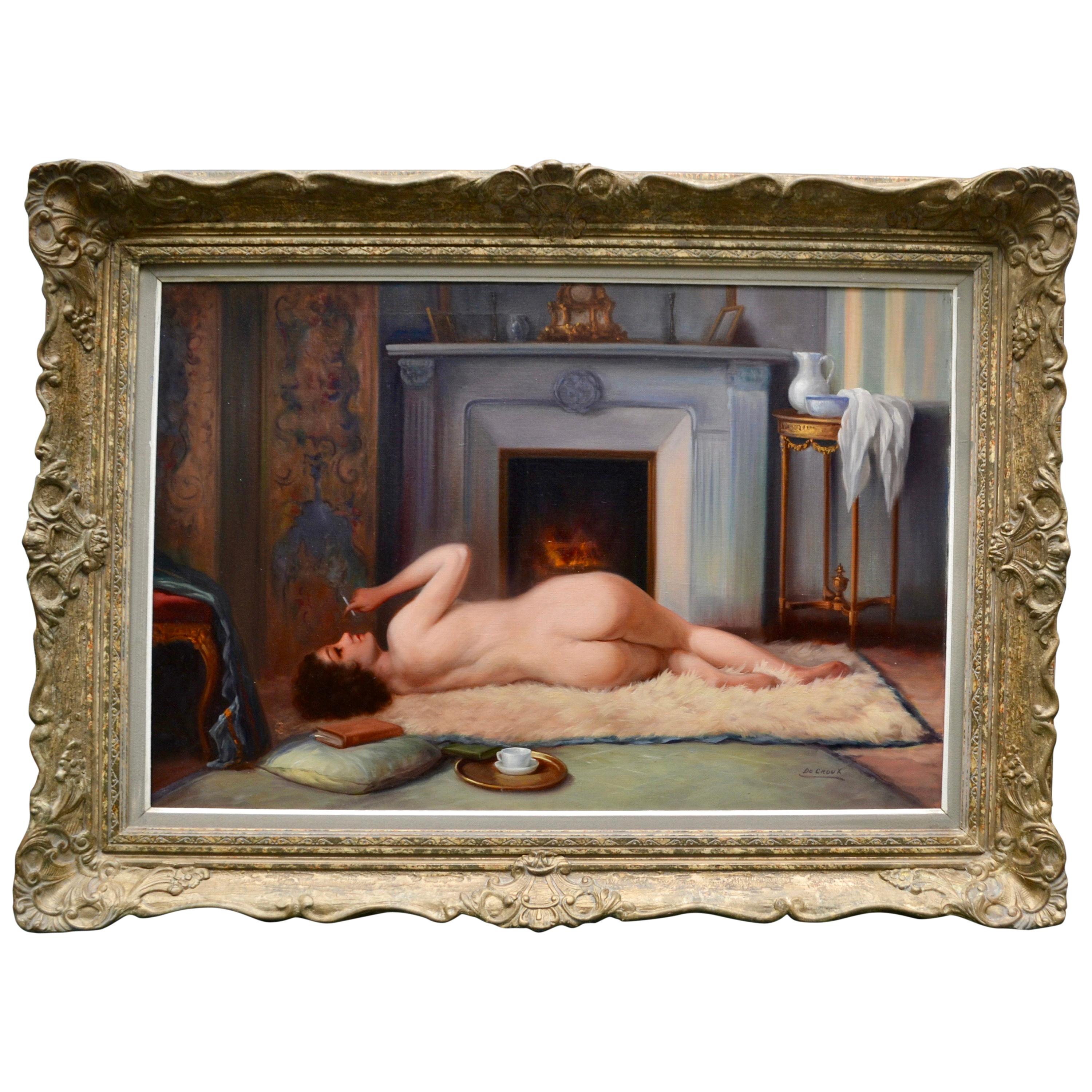 Belle Epoque  Peinture à l'huile sur toile d'un nu féminin fumant, signée De Groux