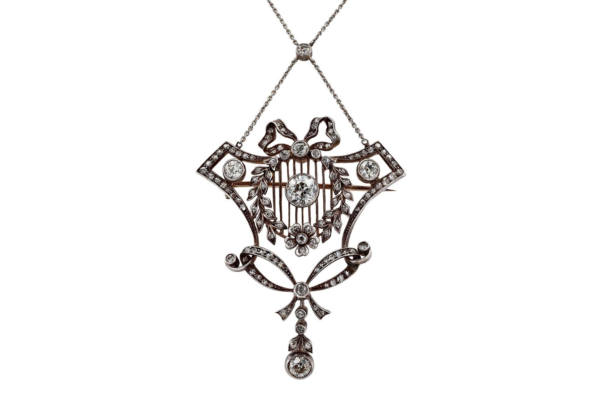 Belle Époque Filigree Diamond Wreath Lavaliere Necklace For Sale