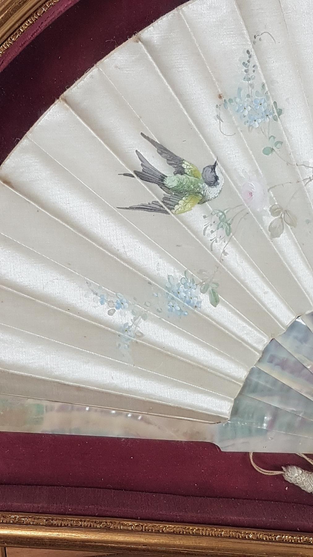 Italian Belle Époque Folding Fan in Silk, Mother of Pearl with Hand Painted Decorations