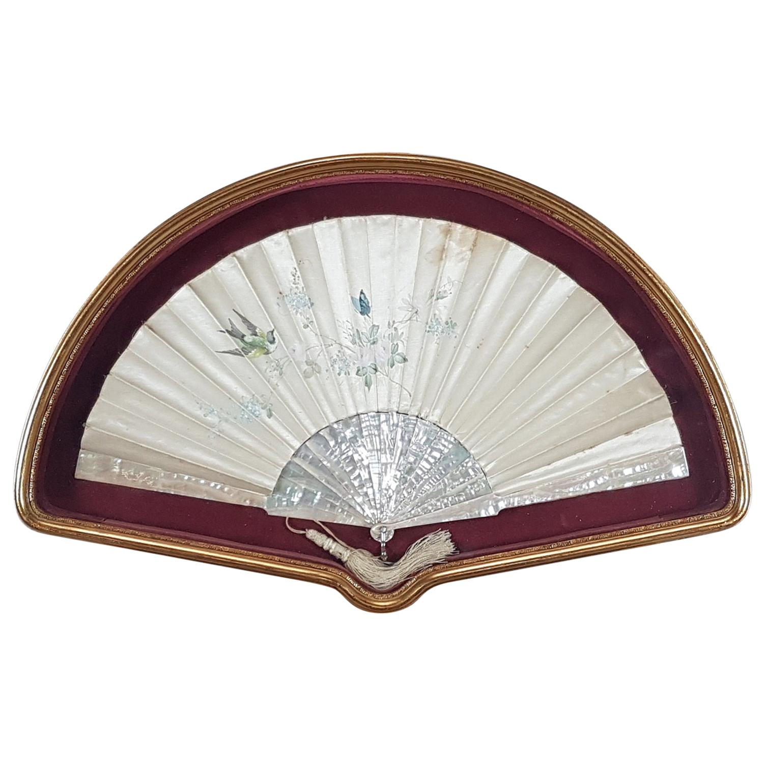 Belle Époque Folding Fan in Silk, Mother of Pearl with Hand Painted Decorations