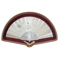 Antique Belle Époque Folding Fan in Silk, Mother of Pearl with Hand Painted Decorations