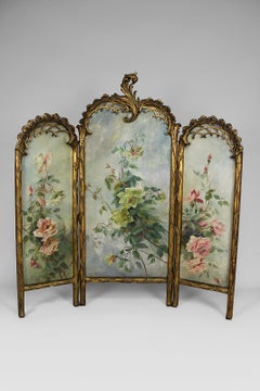 Belle Epoque Folding Screen, Gilded Carved Wood and Naturalist Paintings, 1880s