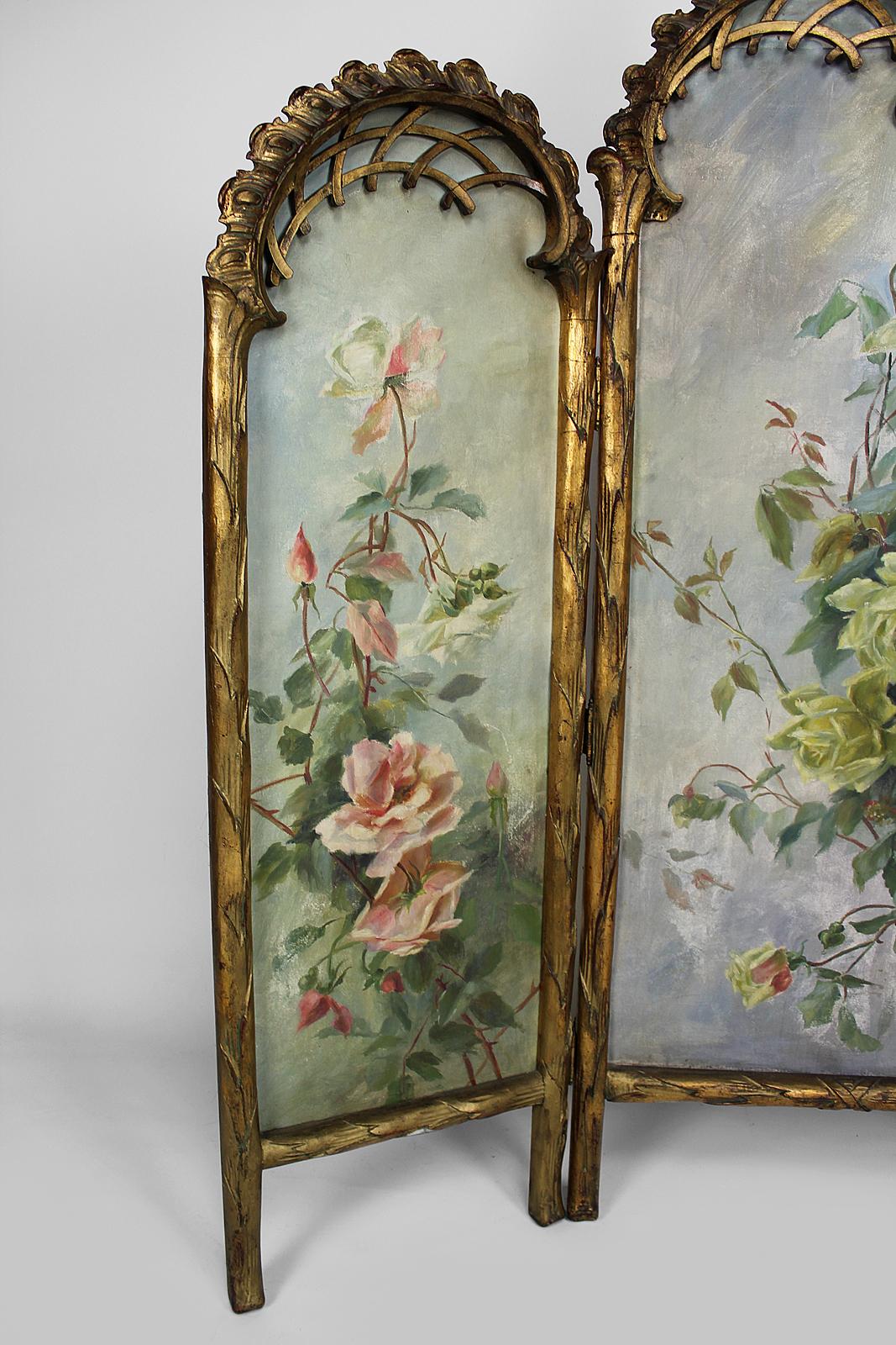 Belle Époque Belle Epoque Folding Screen, Gilded Carved Wood and Naturalist Paintings, 1880s