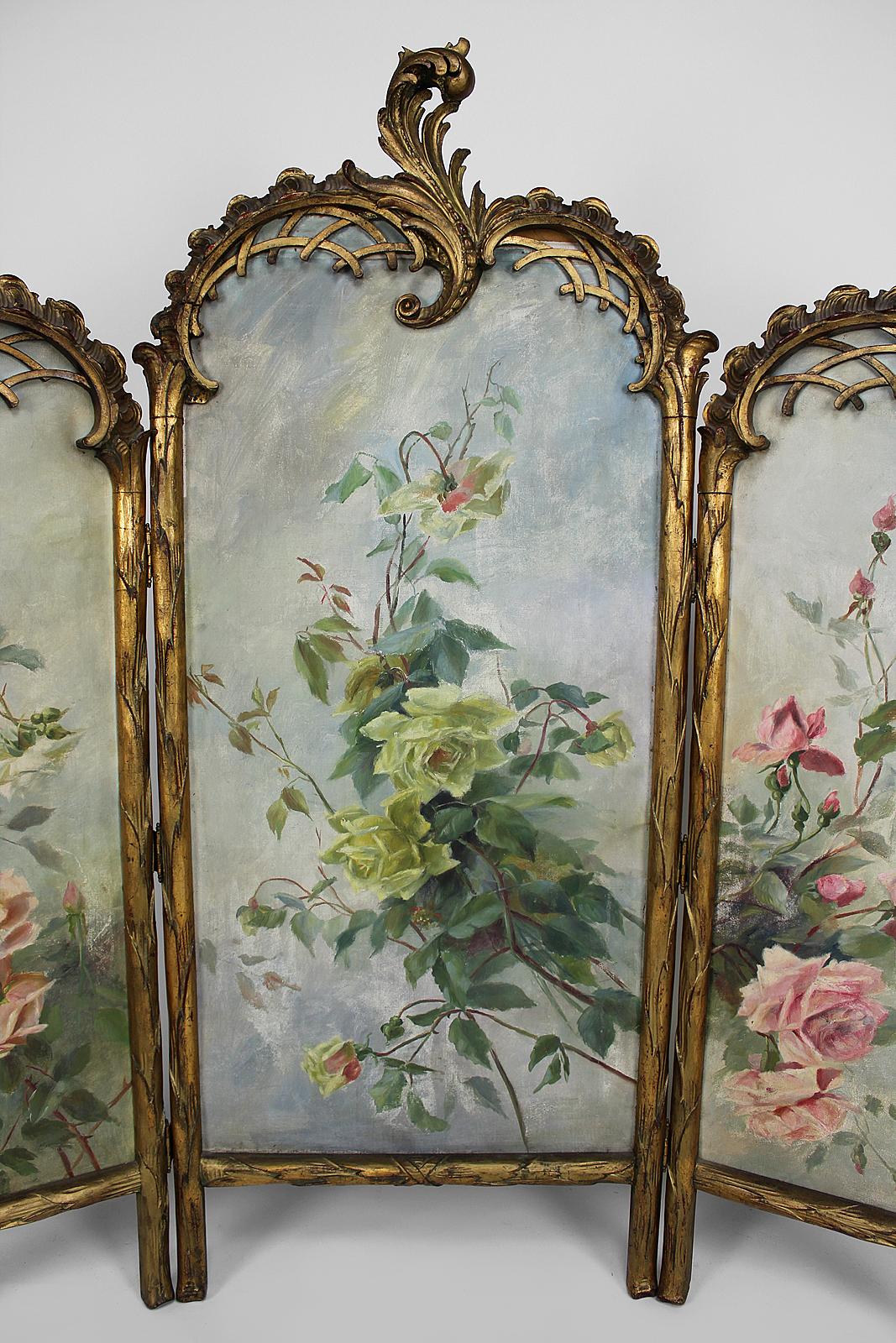 French Belle Epoque Folding Screen, Gilded Carved Wood and Naturalist Paintings, 1880s