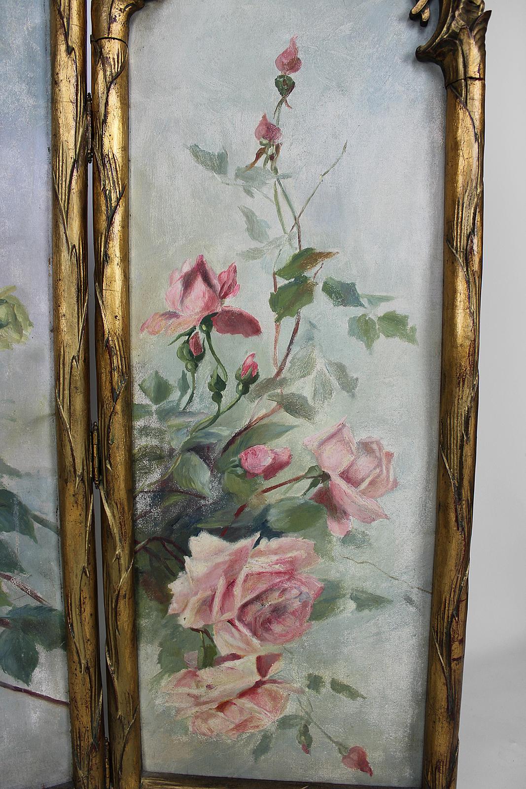 Belle Epoque Folding Screen, Gilded Carved Wood and Naturalist Paintings, 1880s 1