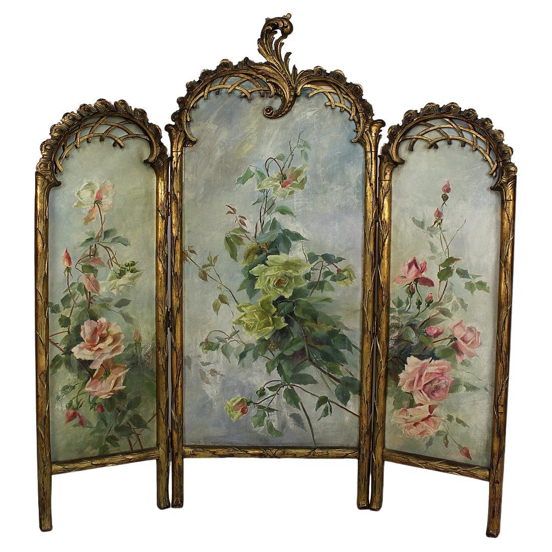 Belle Epoque Folding Screen, Gilded Carved Wood and Naturalist Paintings, 1880s