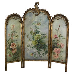 Belle Epoque Folding Screen, Gilded Carved Wood and Naturalist Paintings, 1880s