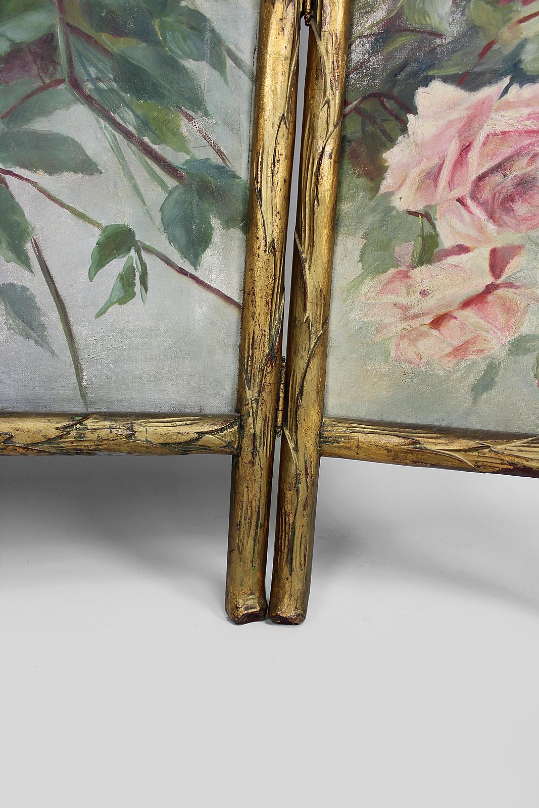 Belle Epoque Folding Screen, Gilded Carved Wood and Naturalist Paintings, 1880s 6