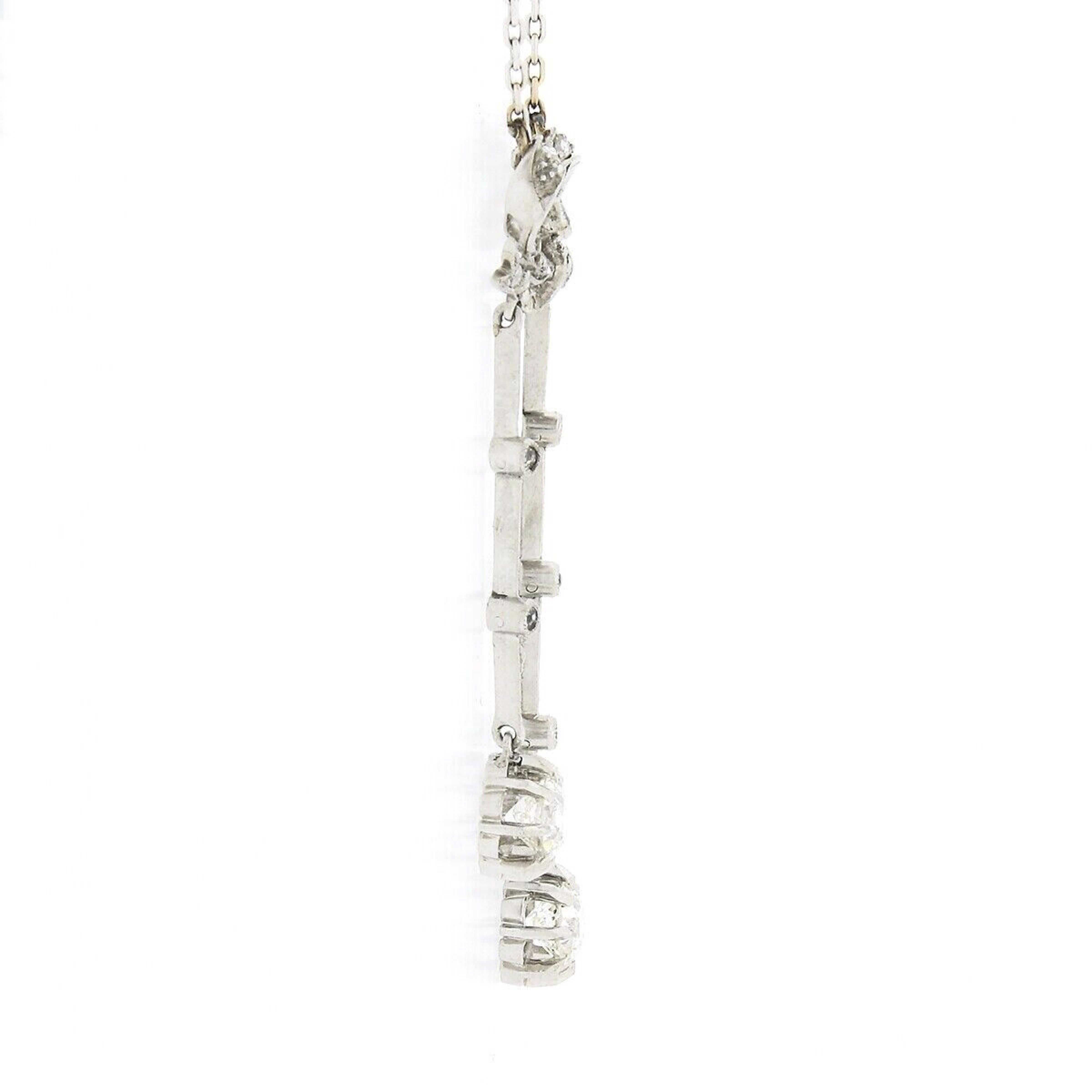 Rose Cut Belle Epoque French 18K White Gold European Diamond Bow Dangle Pendant Necklace For Sale