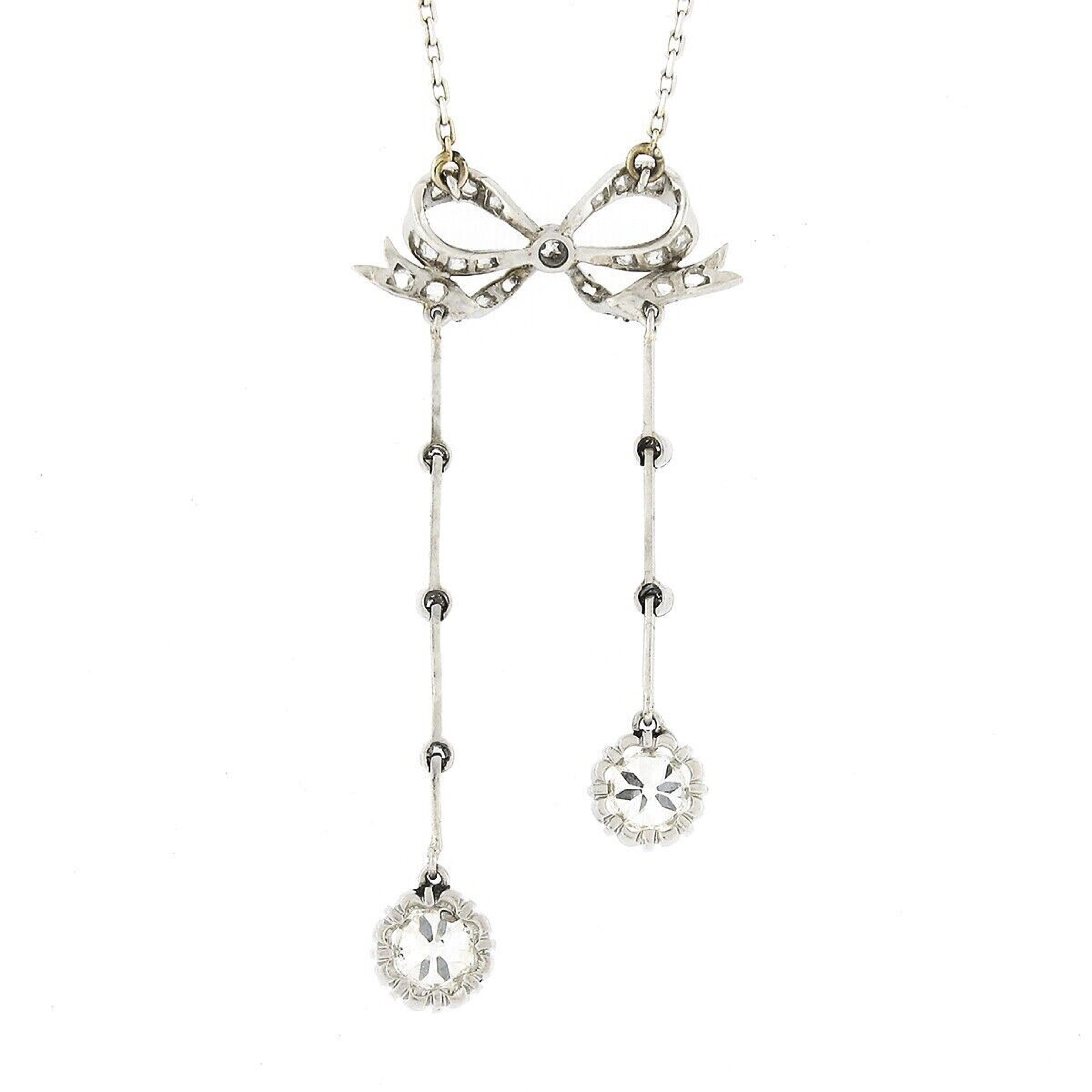 Belle Epoque French 18K White Gold European Diamond Bow Dangle Pendant Necklace For Sale 1