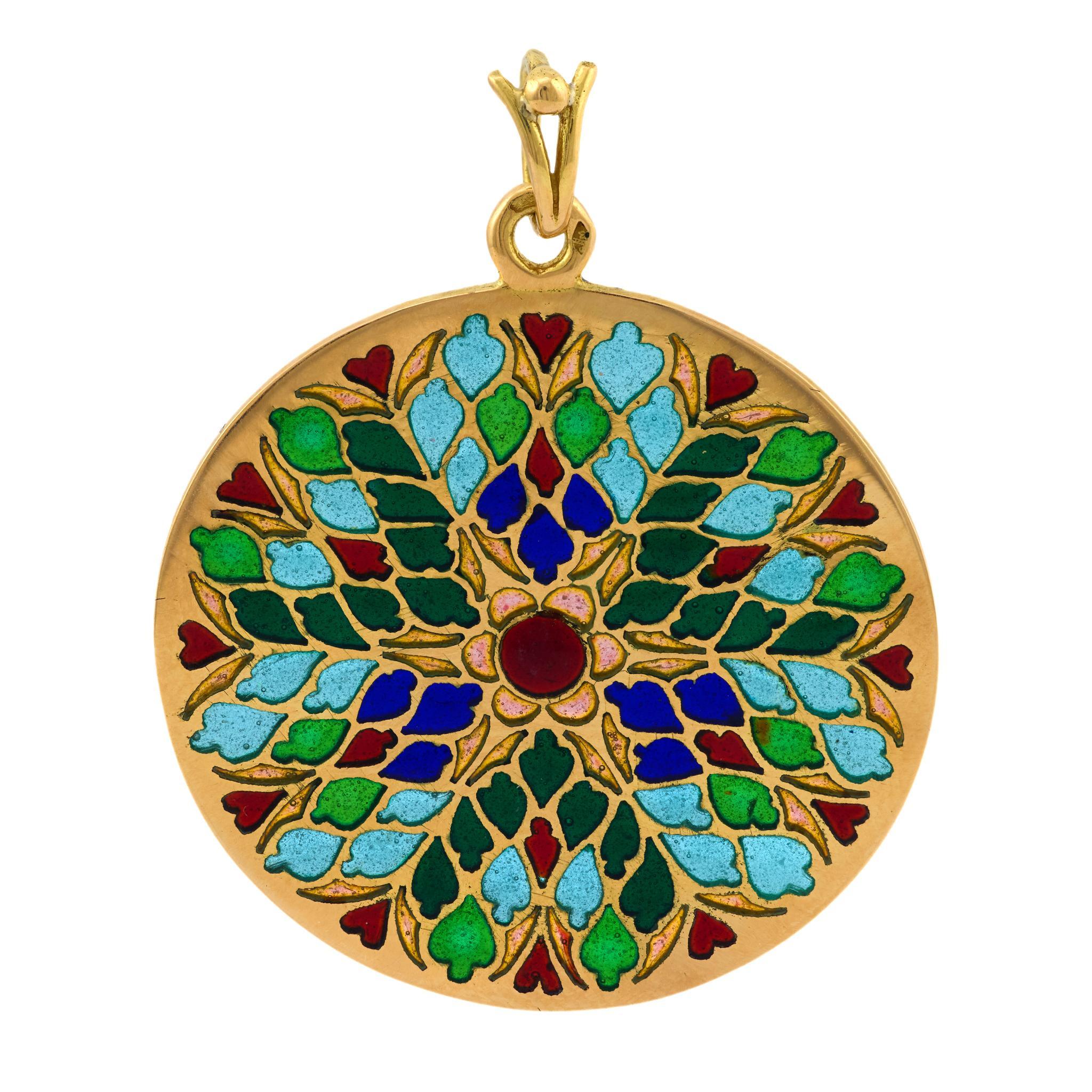 Colgante Belle Époque francés de oro amarillo de 18 quilates plique a jour esmaltado