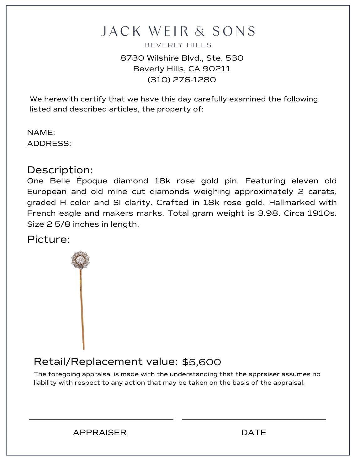 Belle Époque French 2 carat total weight diamond 18k rose gold pin In Good Condition For Sale In Beverly Hills, CA