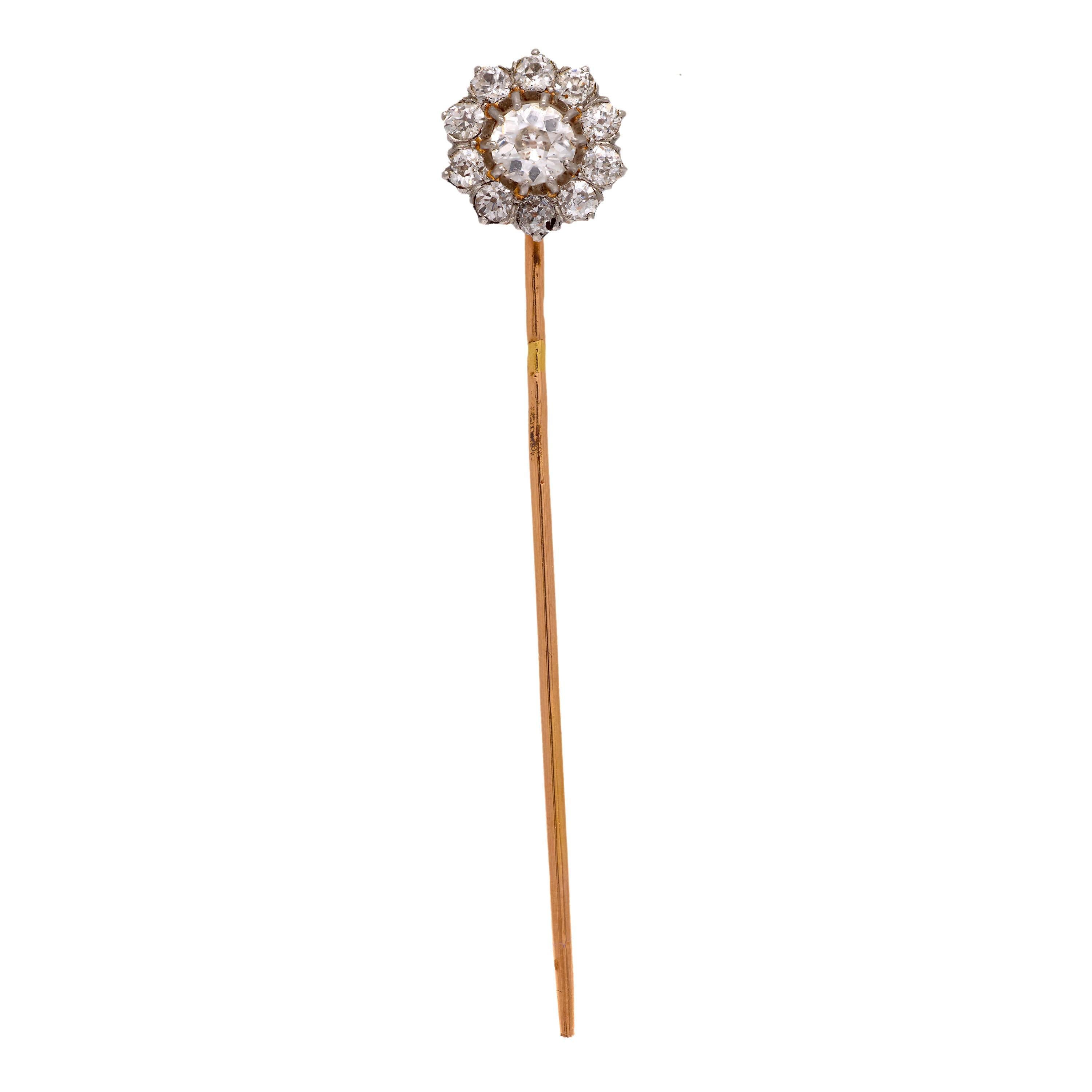 Belle Époque French 2 carat total weight diamond 18k rose gold pin