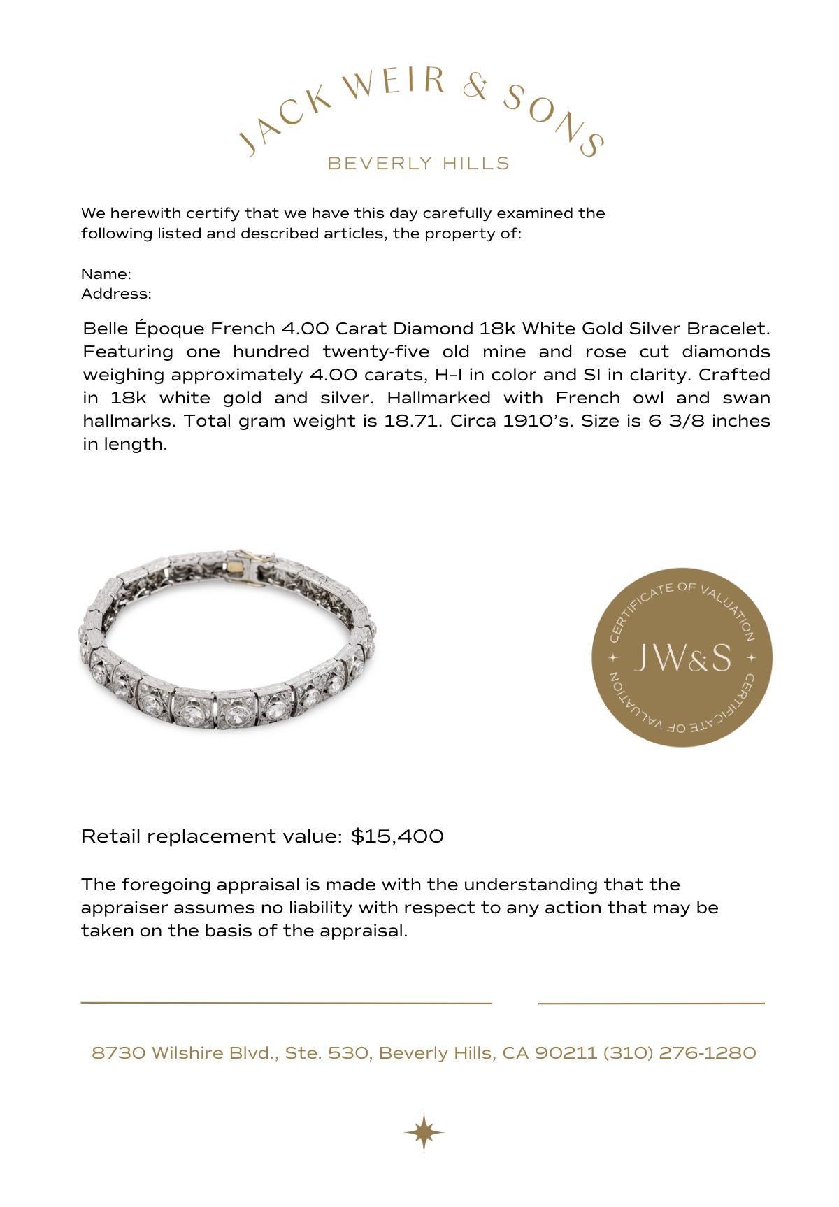 Belle Époque Französisch 4,00 Karat Diamant 18k Weißgold Silber Armband Damen im Angebot