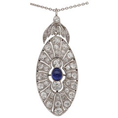 Belle Epoque French .95 Carat Natural Sapphire 5.0 Ct Diamond Platinum Pendant