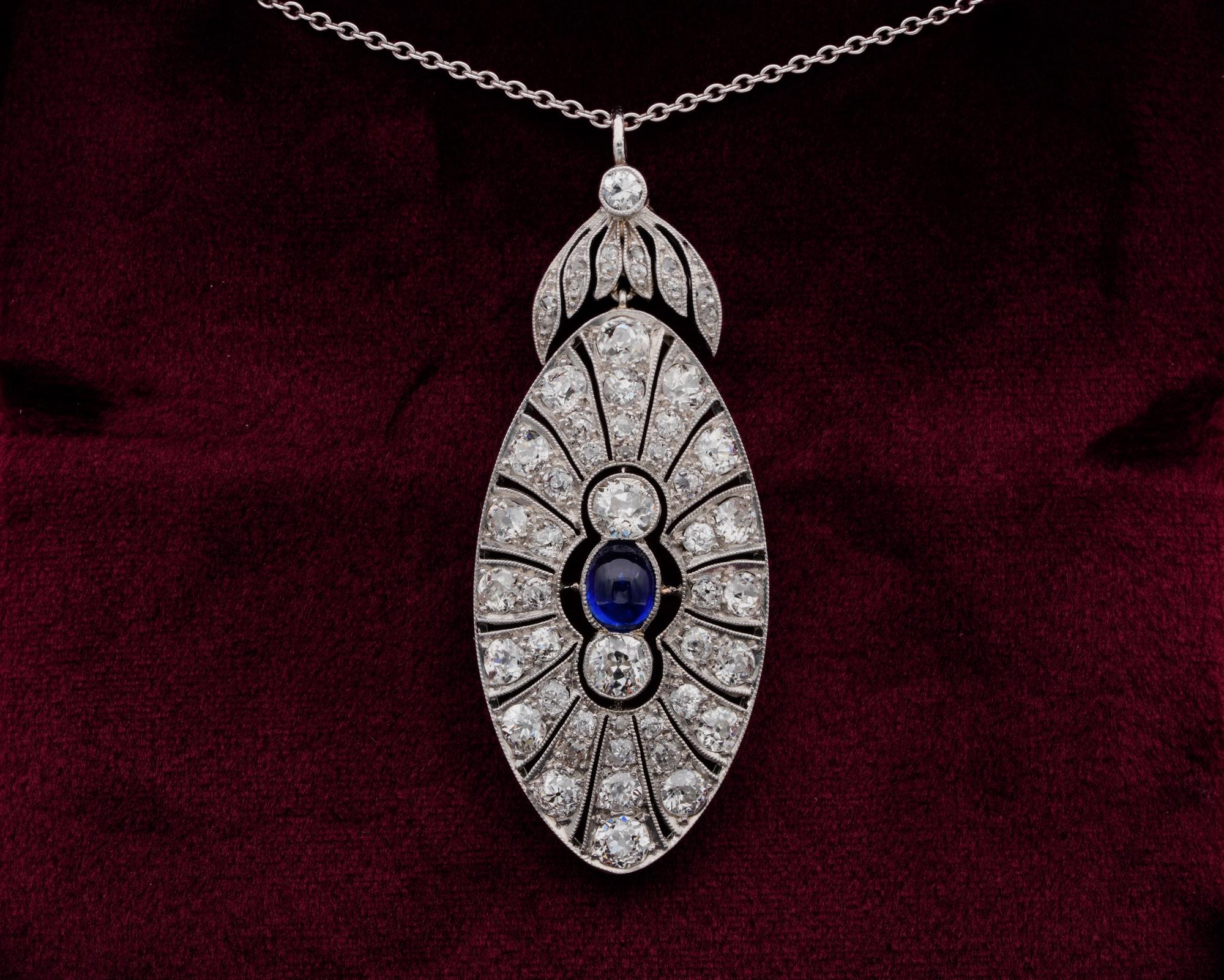 The Belle Epoque
This magnificent art work of the Belle Epoque Period is French origin Platinum crafted – it dates 1900 ca
Magnificent open work is rendered in a rich set of the finest Diamonds and Natural sapphire at the centre point giving a