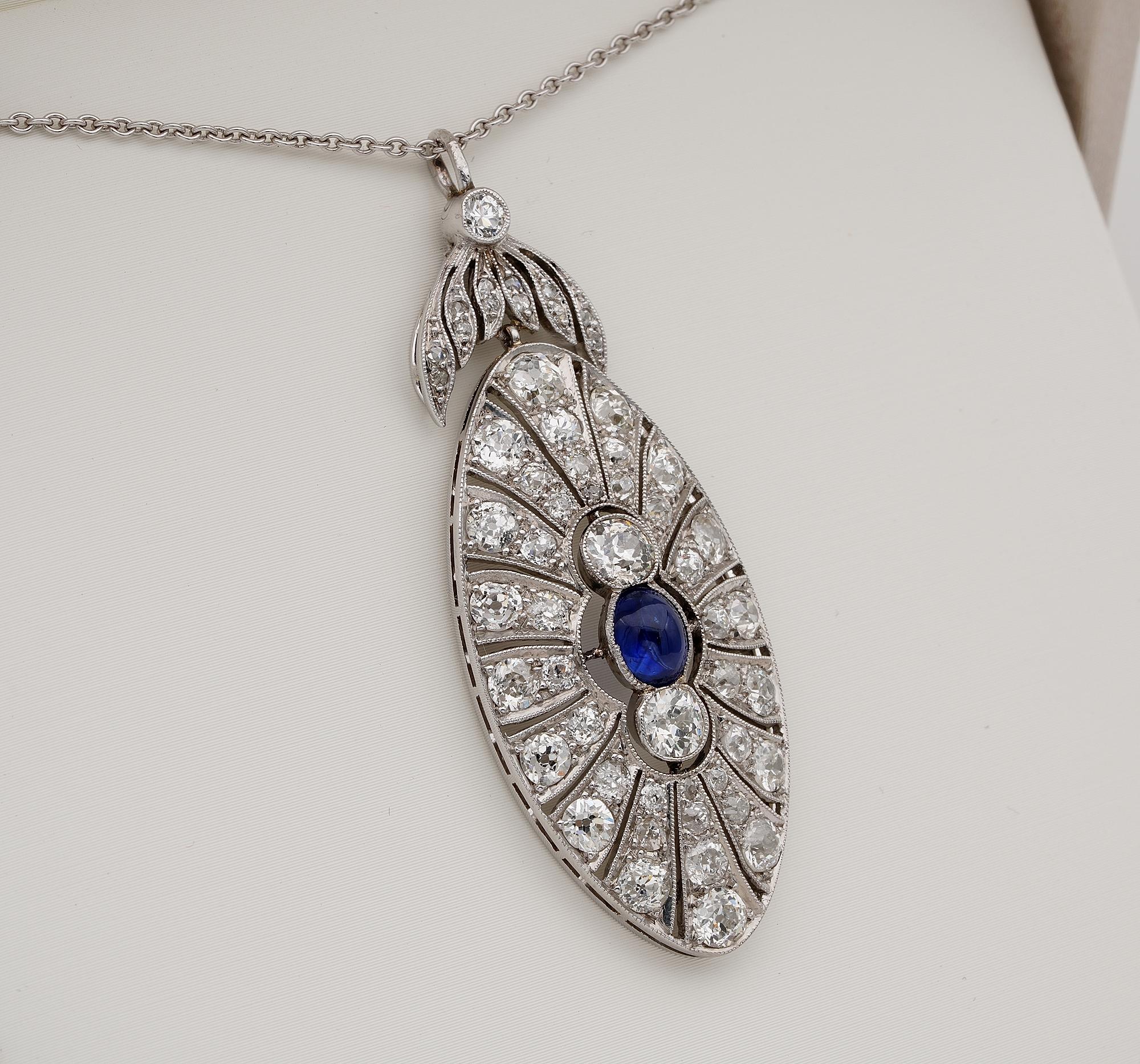 Belle Époque Belle Epoque French .95 Ct Natural Sapphire 5.0 Ct Diamond Platinum Pendant For Sale