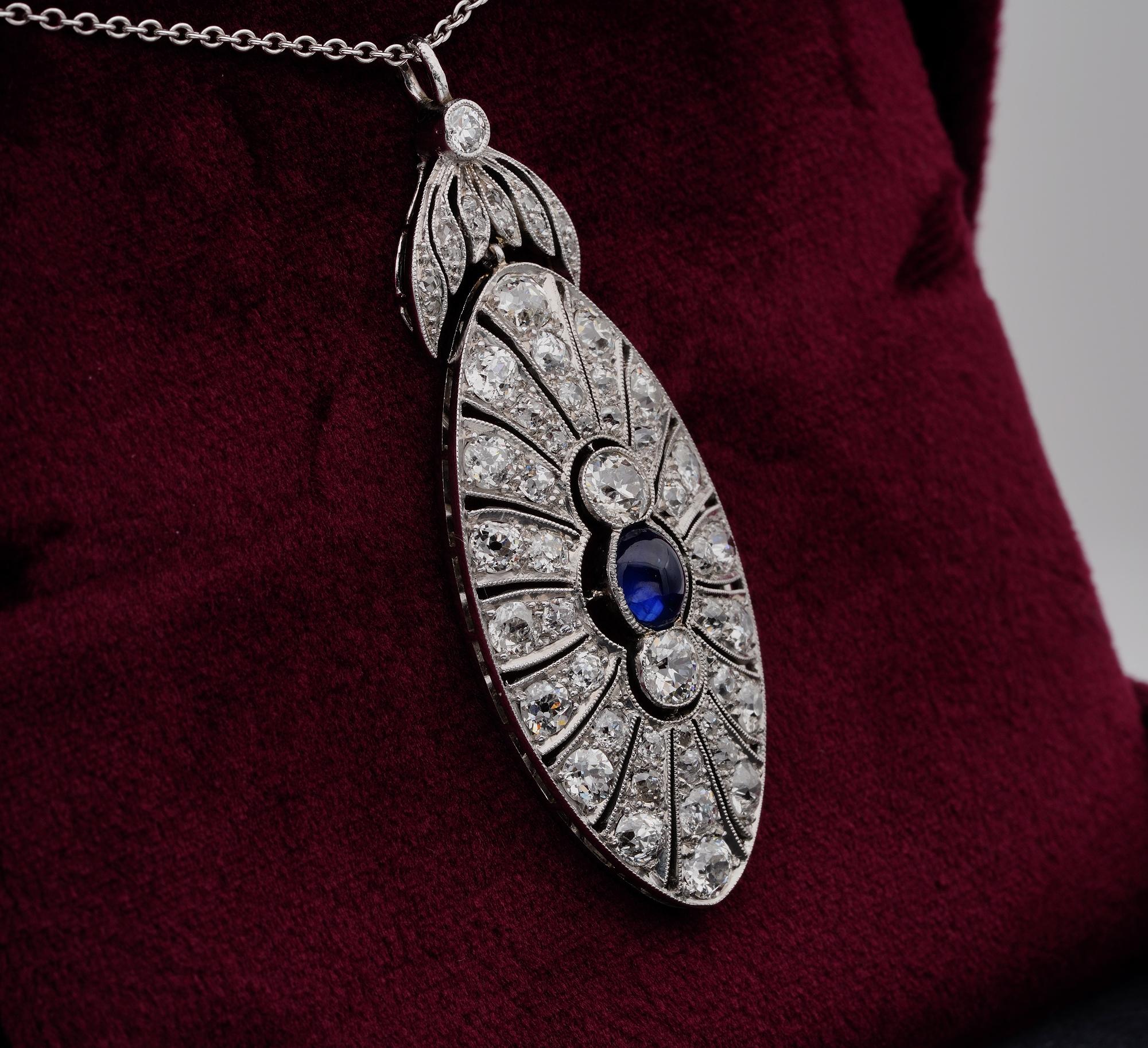 Cabochon Belle Epoque French .95 Ct Natural Sapphire 5.0 Ct Diamond Platinum Pendant For Sale