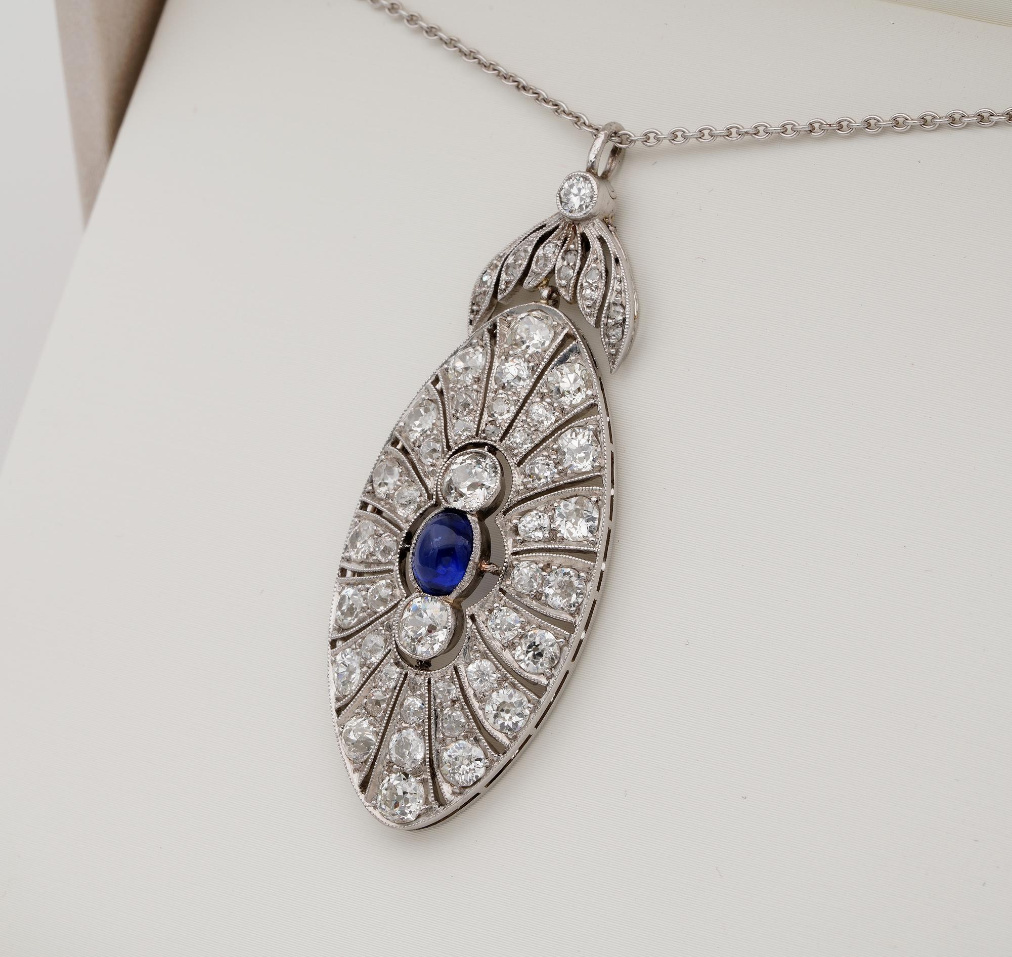 Belle Epoque French .95 Ct Natural Sapphire 5.0 Ct Diamond Platinum Pendant In Good Condition For Sale In Napoli, IT