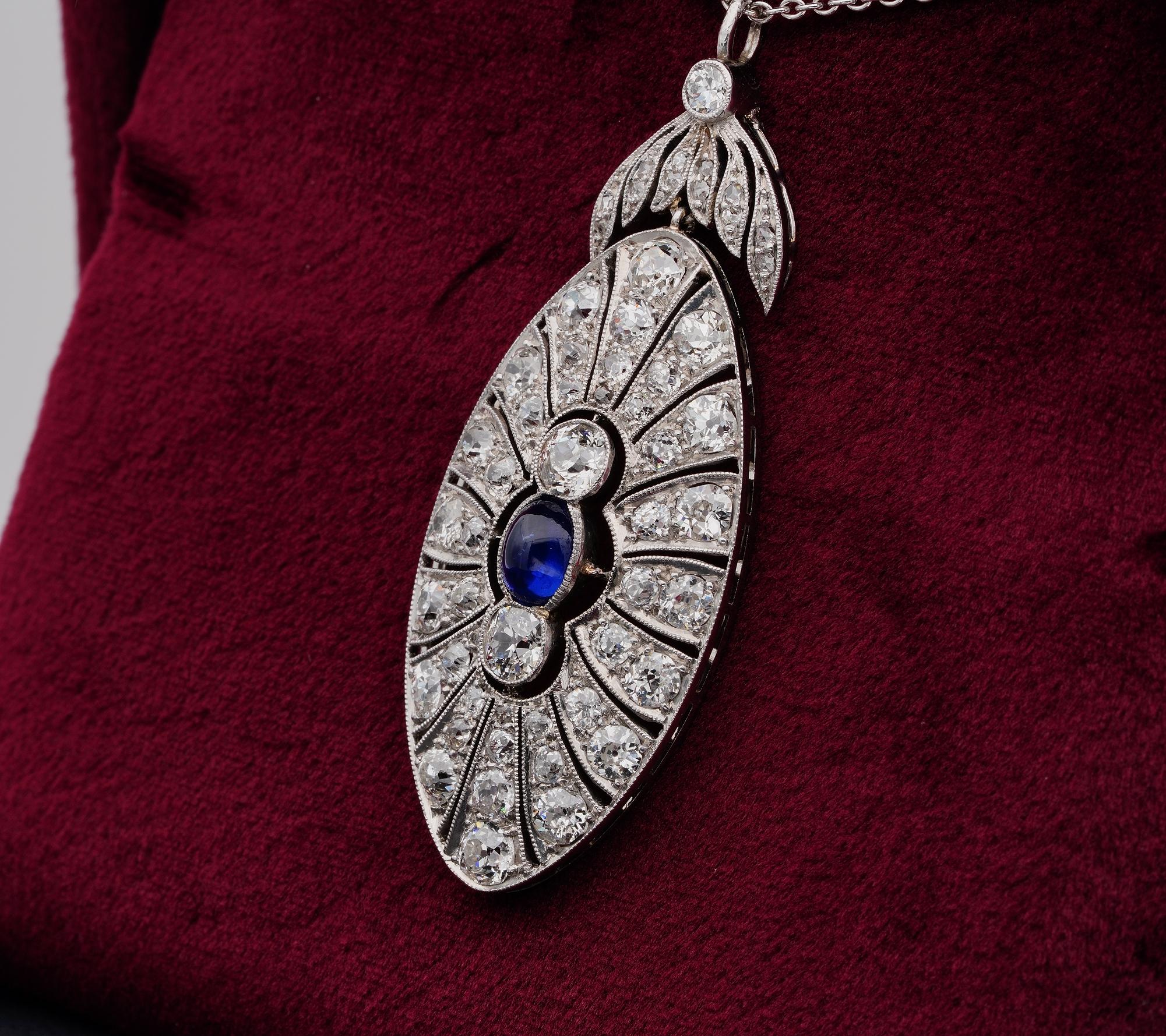 Women's Belle Epoque French .95 Ct Natural Sapphire 5.0 Ct Diamond Platinum Pendant For Sale