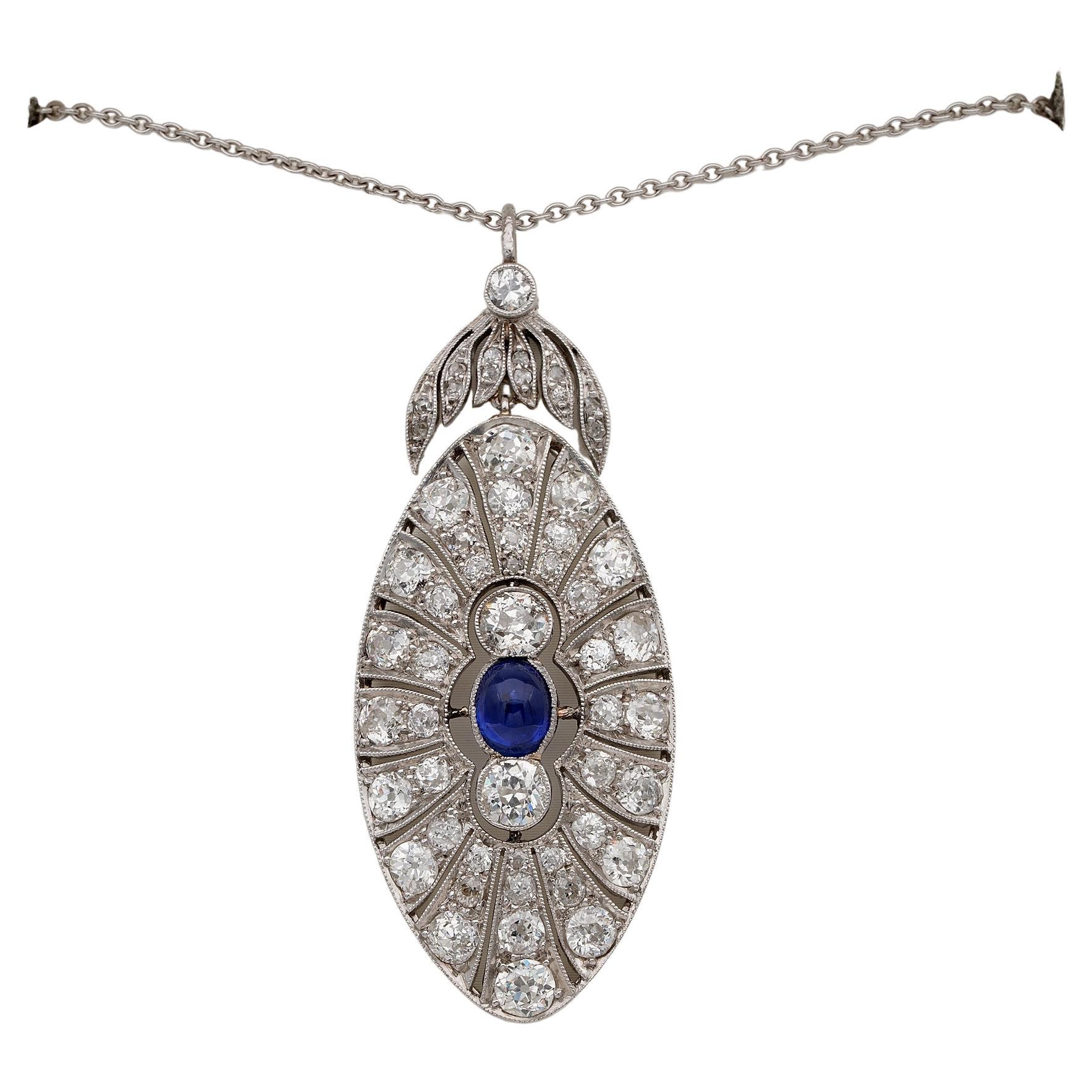 Belle Epoque French .95 Ct Natural Sapphire 5.0 Ct Diamond Platinum Pendant
