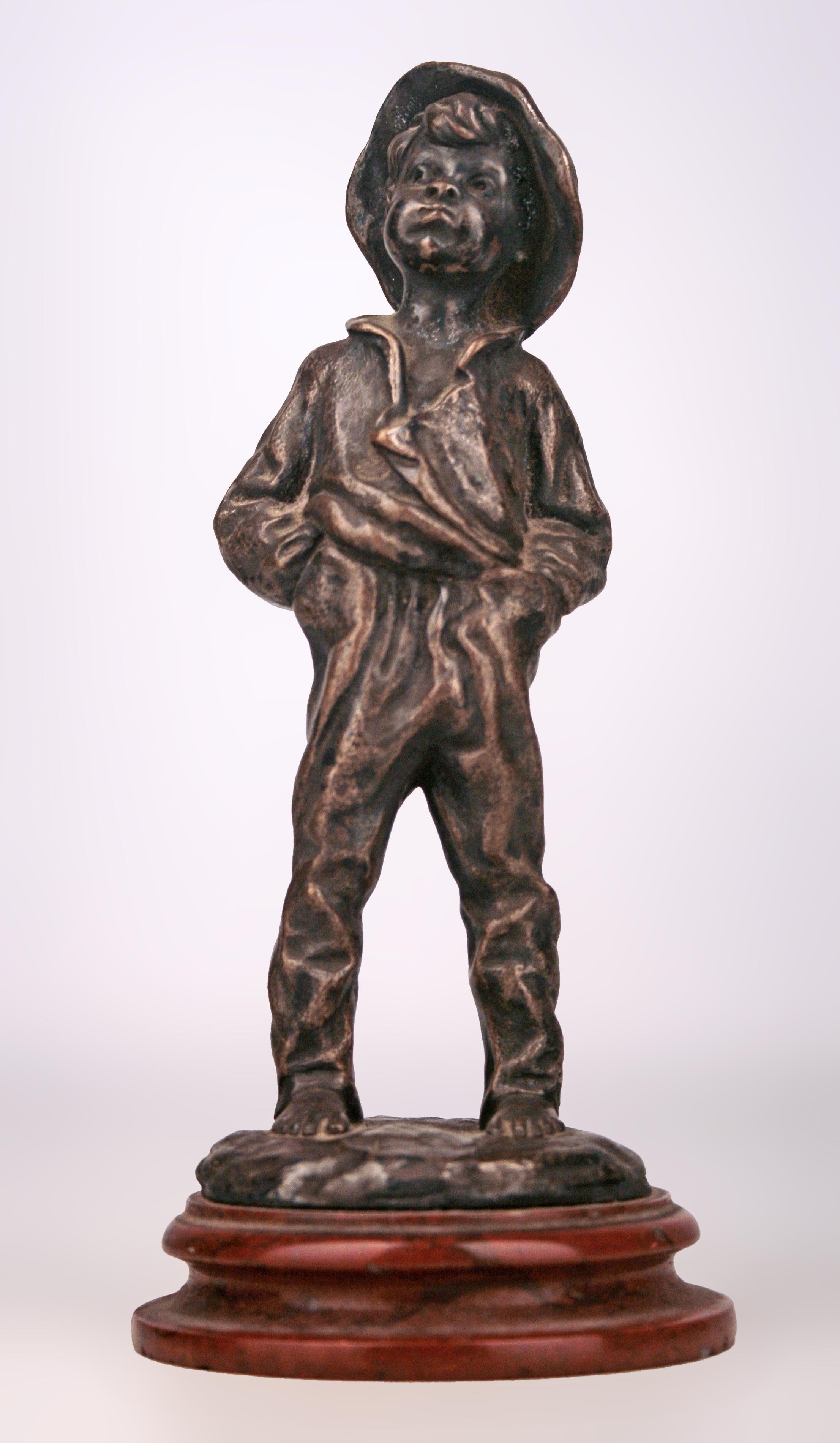 Belle Époque french bronze sculpture of a boy with overall and a hat by Louis Kley

By: Louis Kley
Material: bronze, copper, metal
Technique: cast, patinated, molded, metalwork
Dimensions: 4 in x 8 in
Date: late 19th century
Style: Belle