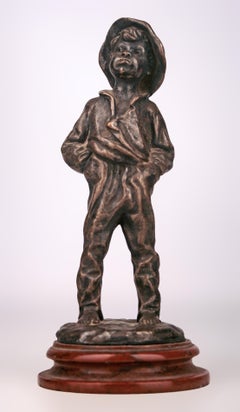 Belle Époque French Bronze Sculpture of a Boy with Overall and Hat by Louis Kley