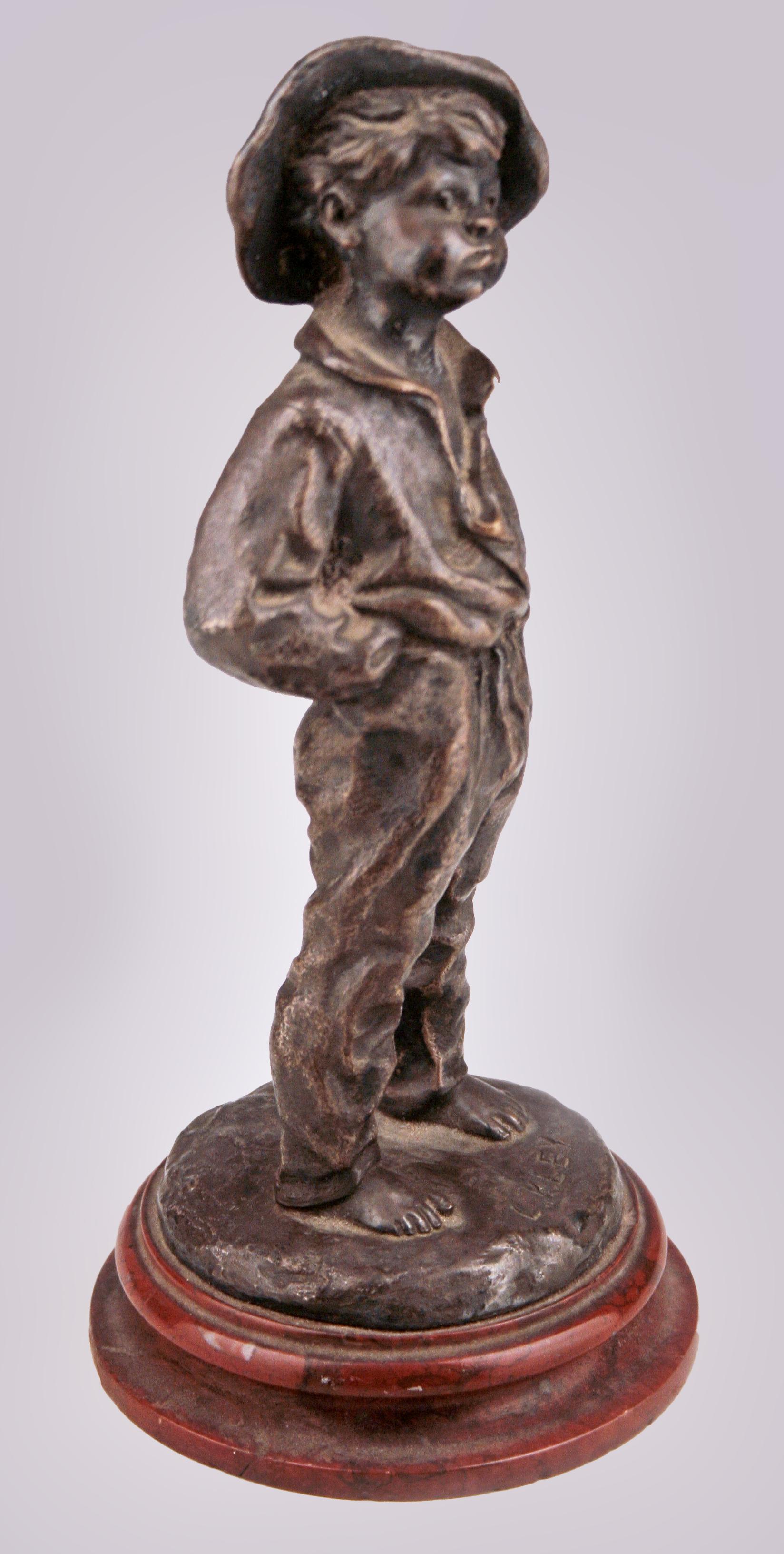 Molded Belle Époque French Bronze Sculpture of a Boy with Overall and Hat by Louis Kley For Sale