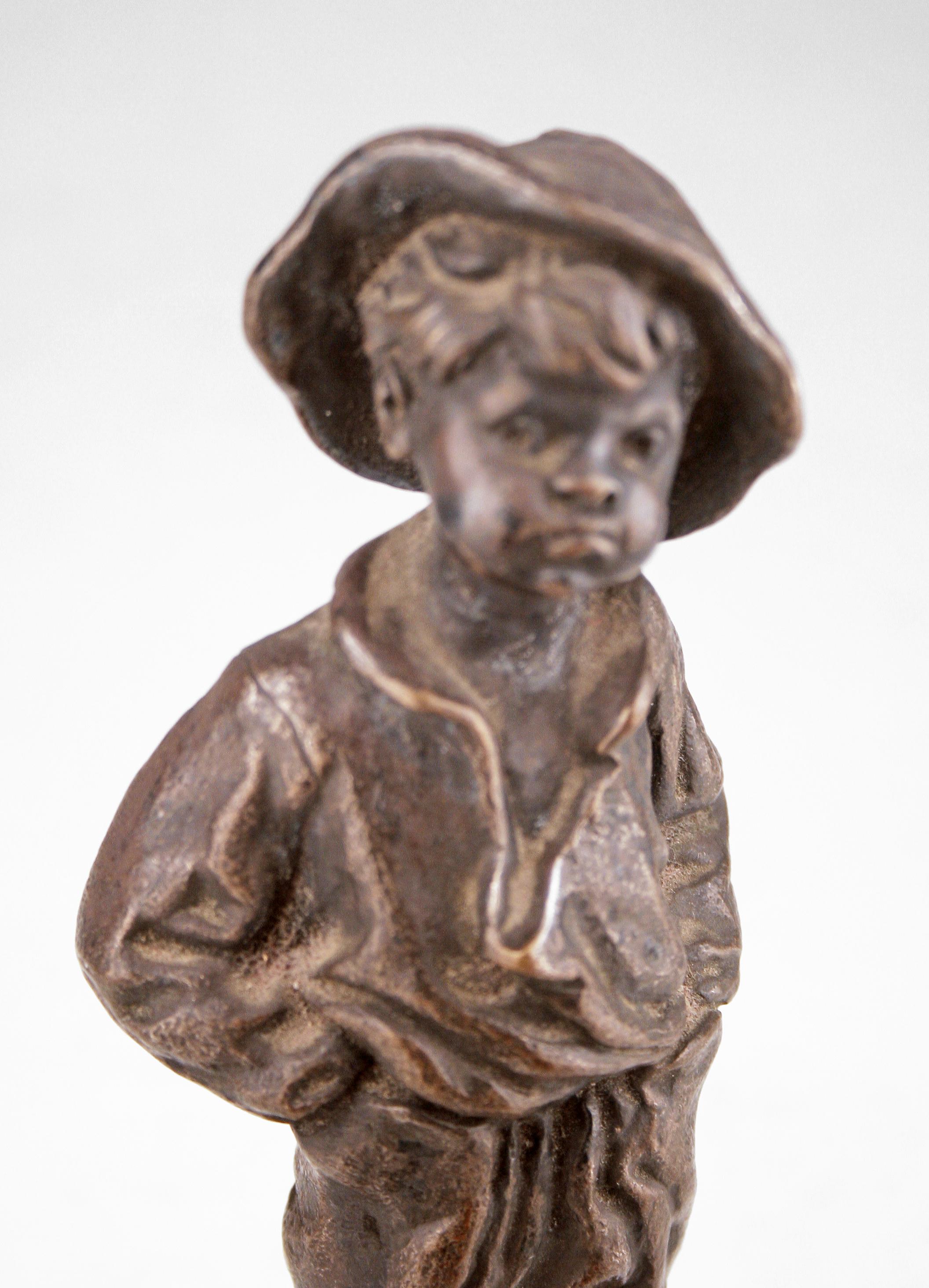 Copper Belle Époque French Bronze Sculpture of a Boy with Overall and Hat by Louis Kley For Sale