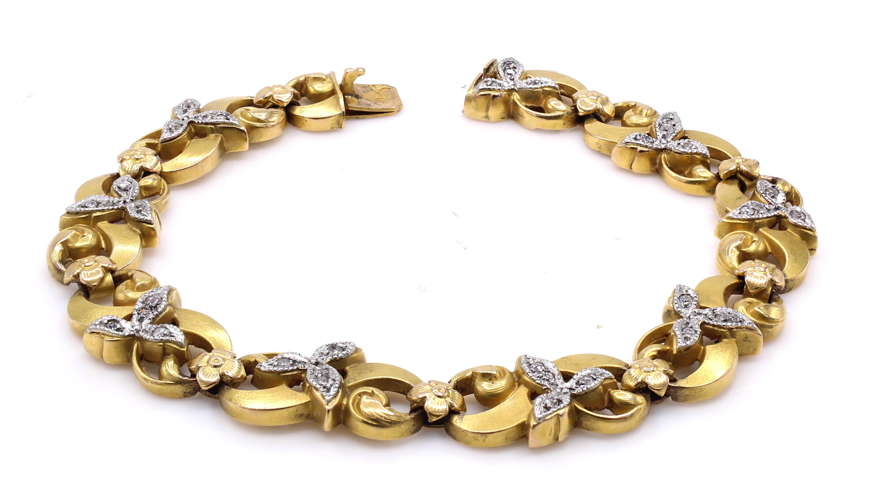 Beautifully designed and masterfully handcrafted in 18 karat gold French Belle Epoque bracelet. Manufactured ca 1900 this bracelet exhibits the floral, curved, romantic design typical for this fascinating period. Mat gold elements are embellished by