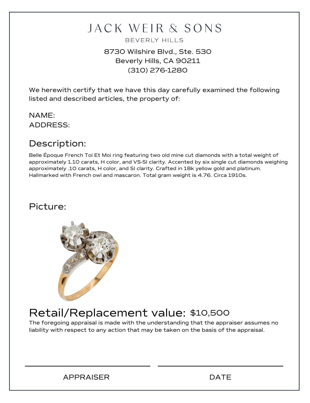 Women's Belle Époque French diamond 18k yellow gold platinum Toi Et Moi ring For Sale