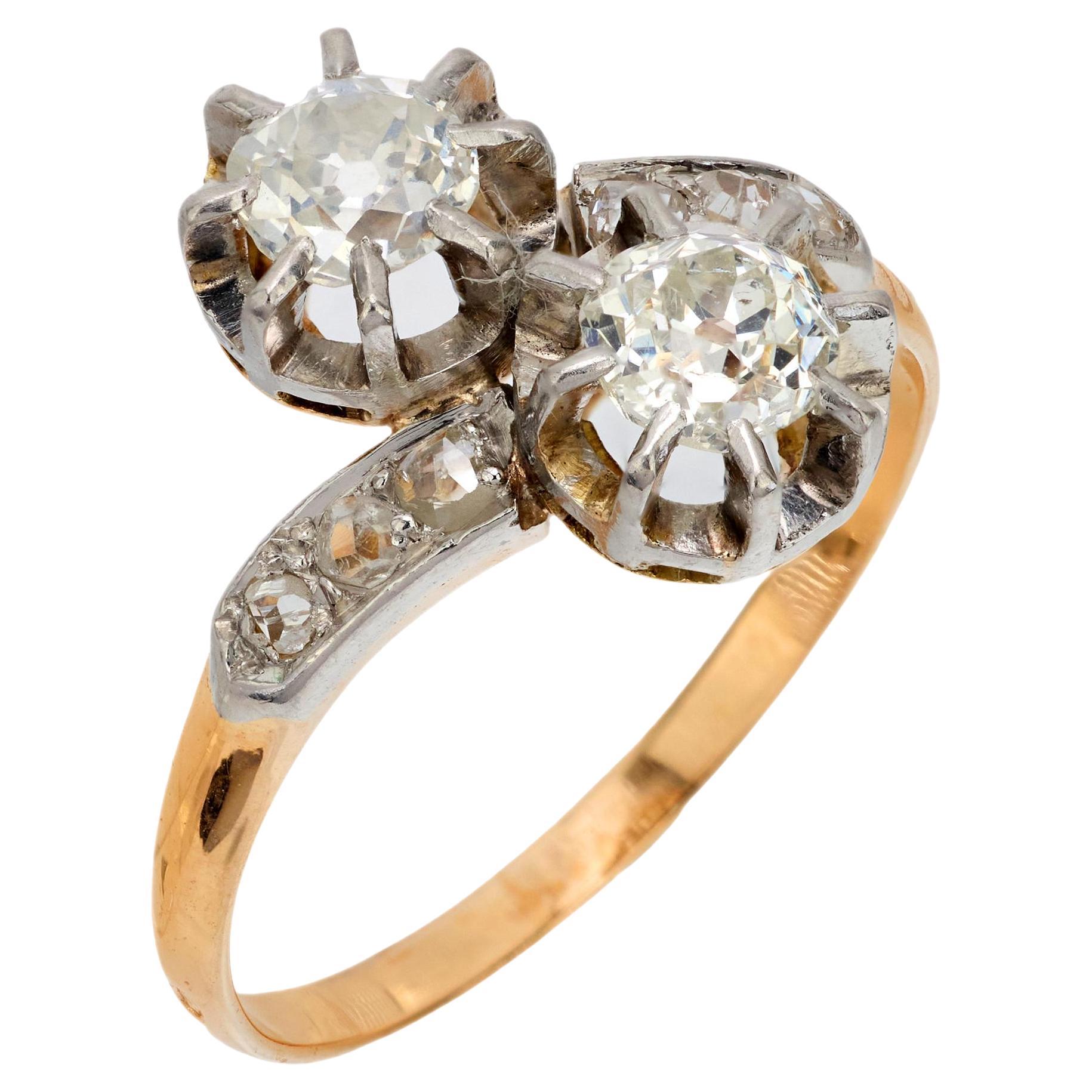Belle Époque French diamond 18k yellow gold platinum Toi Et Moi ring