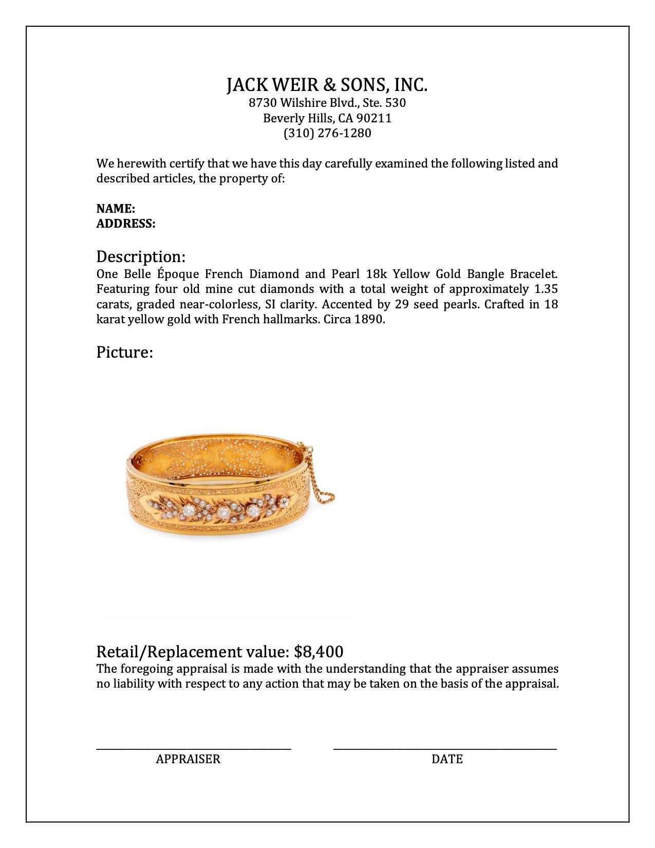 Bracelet Belle Époque en or jaune 18k avec diamants et perles en vente 1