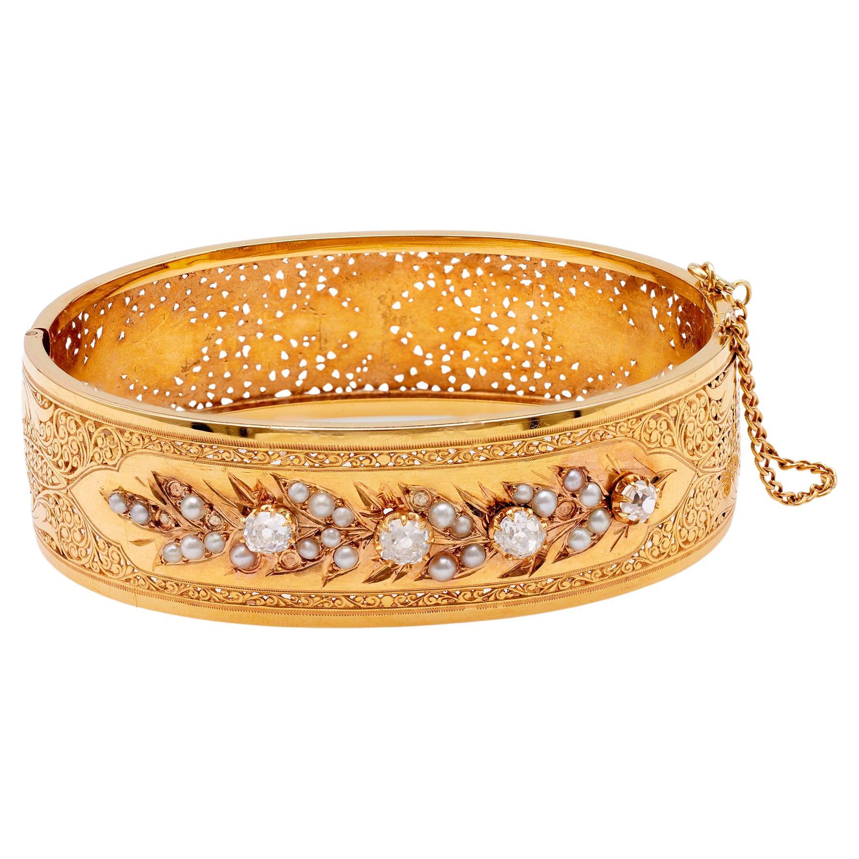 Belle Époque French Diamond and Pearl 18k Yellow Gold Bangle Bracelet For Sale