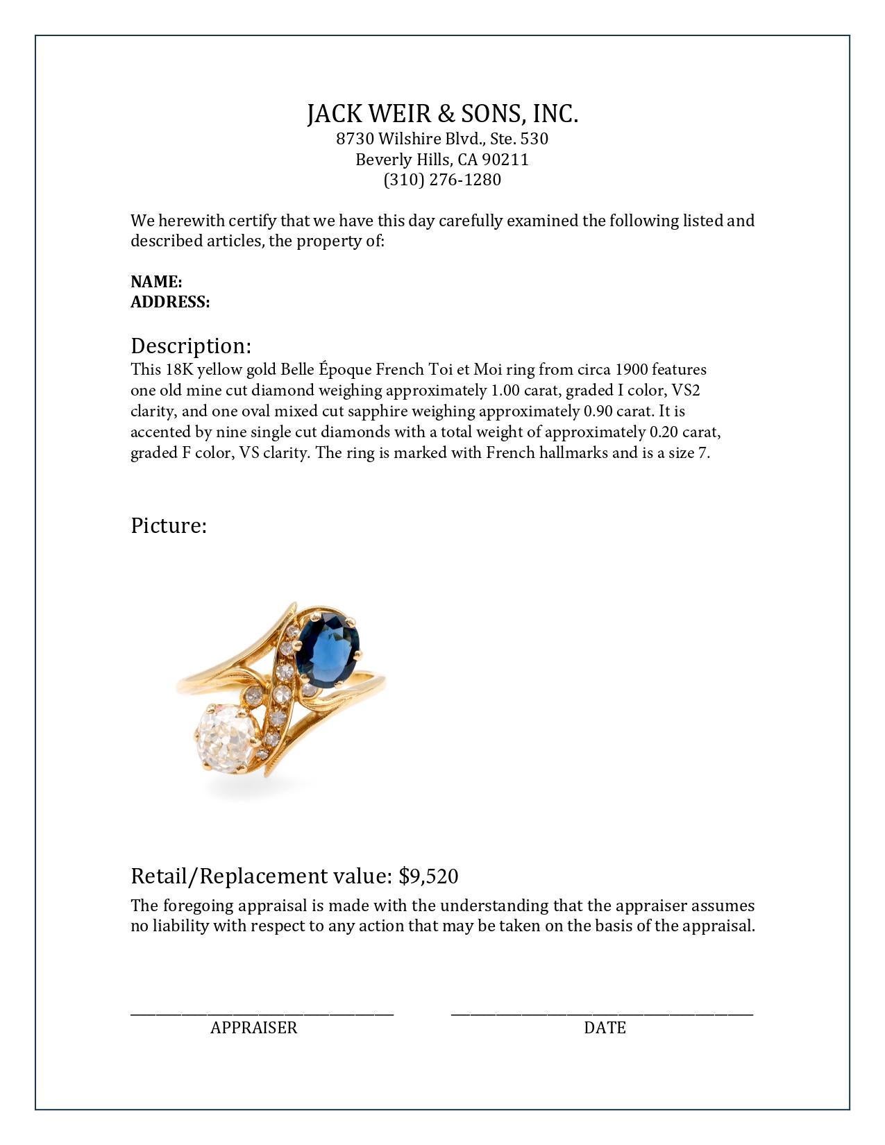 Belle Époque French Diamond and Sapphire 18k Yellow Gold Toi et Moi Ring In Excellent Condition For Sale In Beverly Hills, CA