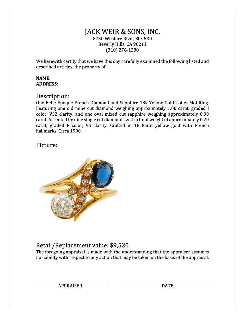 Belle Époque French Diamond and Sapphire 18k Yellow Gold Toi et Moi Ring 2